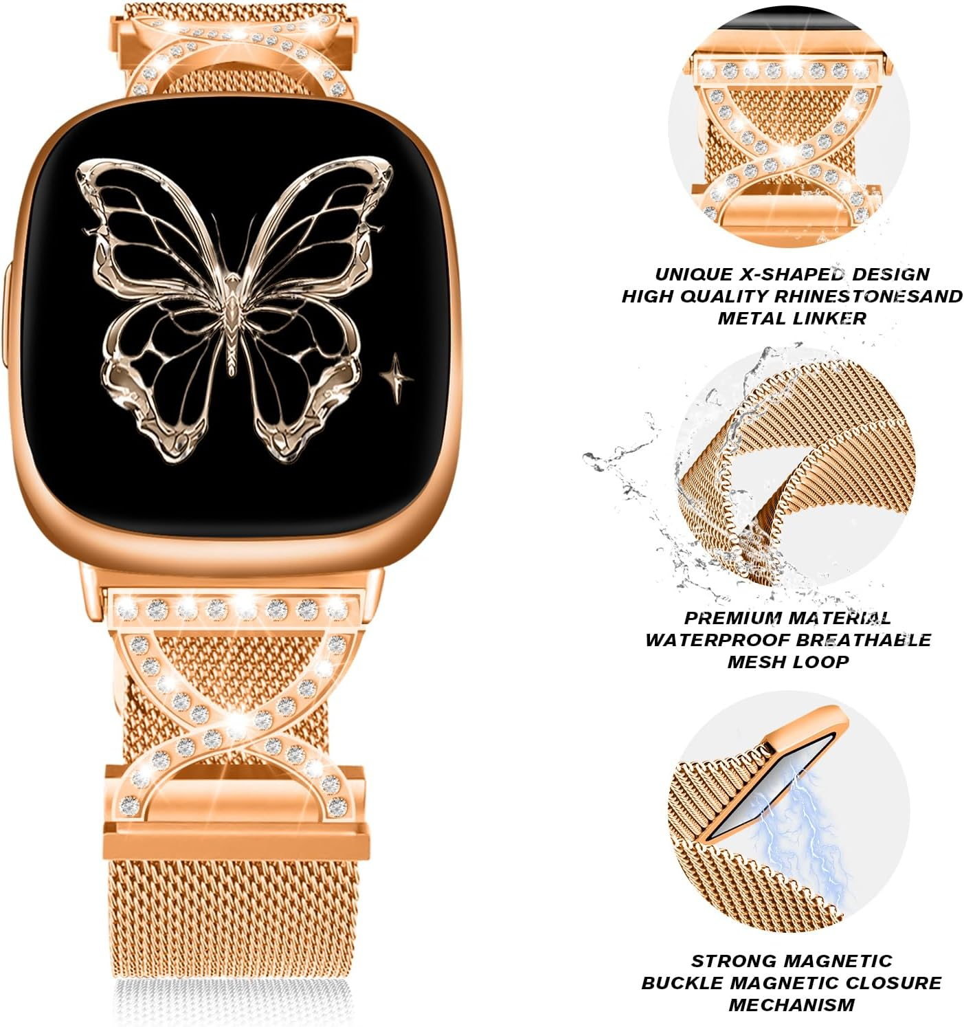 HAYONLIY X-Shape Diamond Metal Band Compatible with Fitbit Versa 4/Fitbit Versa 3/Fitbit Sense 2/Fitbit Sense,Stainless Steel Magnetic Mesh Adjustable Strap for Women image number 1