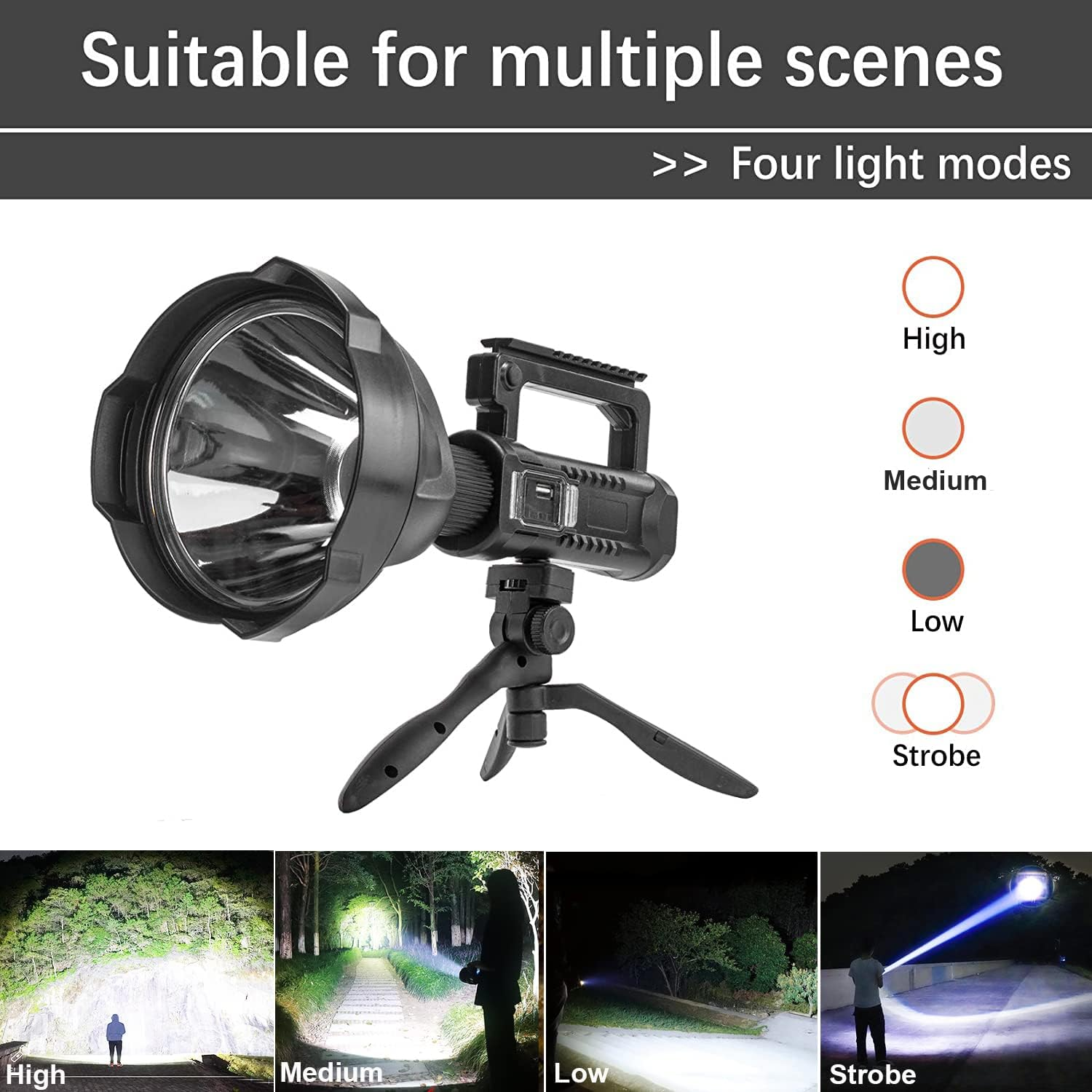 Rechargeable Spotlight Flashlight High Lumens, 90000 Lumens Super Bright Led Searchlight with Tripod and USB Output, IPX5 Waterproof 4 Modes Handheld Spotlight for Camping Emergencies image number 3