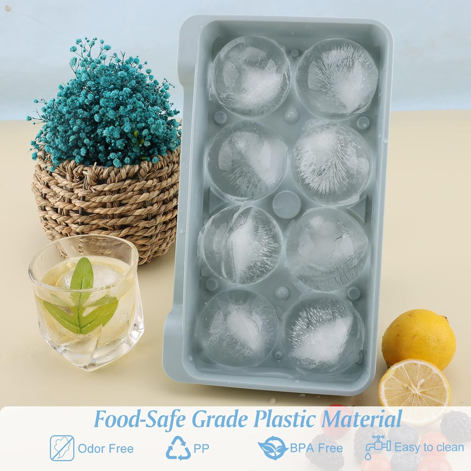 Unigul Ice Cube Trays for Freezer, 2.5'' Ice Ball Maker Mold, 2Pack round Ice Cube Mold, Whiskey Ice Mold with Lid, Bin&Clip, Large Ice Cube Tray Making 16PCS for Chilling Cocktails &Bourbon&Whiskey image number 5