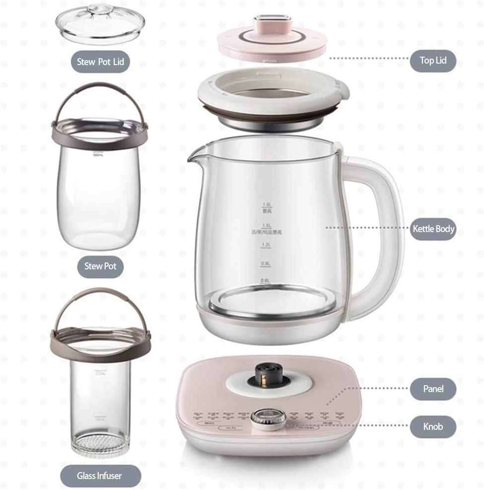 Electric Kettle Tea Maker with Infuser, Glass Kettle & Stew Pot, 16 Menus 1.8L, Pink image number 5