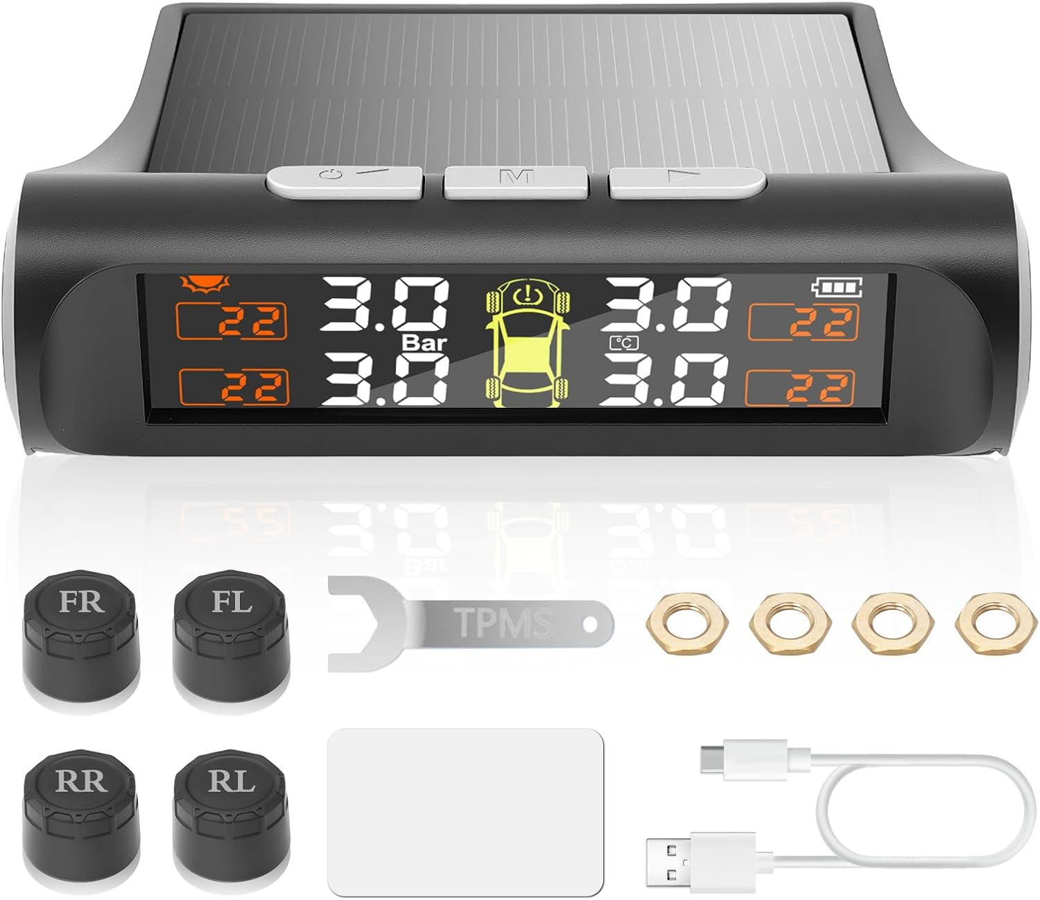 Tyre Pressure Monitoring System,Tpms with Solar & USB Charging, TPMS W/4 External Sensors & 5 Alarm Modes,Real Time Monitoring Pressure & Temperature, Auto Sleep,Suitable for 4 Wheeled Vehicles image number 2