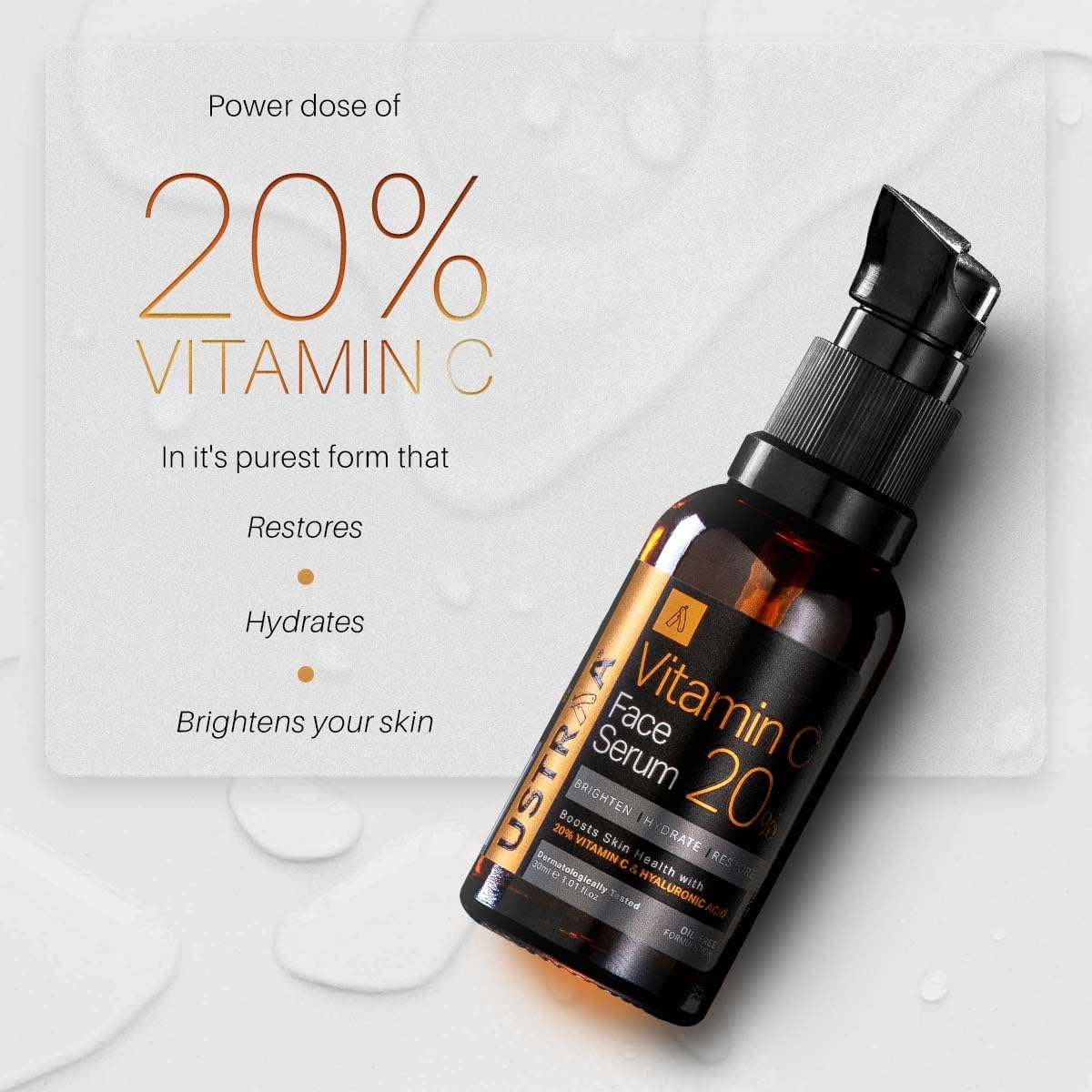 Ustraa 20% Vitamin C Face Serum Dermatologically Tested, with Hyaluronic Acid & 20% Vitamin C in the Purest Form, Antiaging, Fights Dark Spots 30Ml image number 6