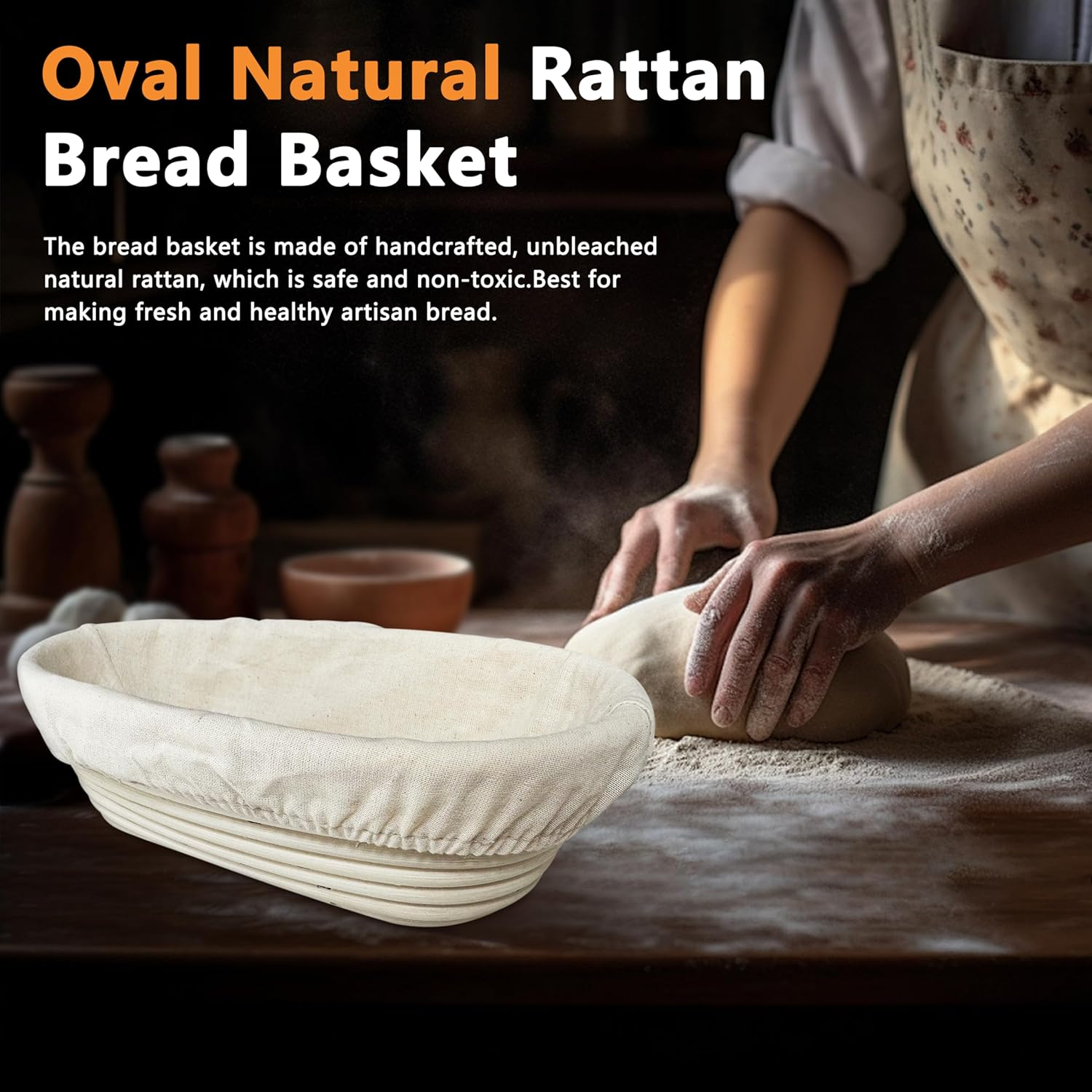 Banneton Bread Baskets, 2Pcs 10 Inch Oval Sourdough Proofing K&ouml;rbe, Banneton Basket F&uuml;r Brotgare, Handgefertigte Rattan K&ouml;rbe Mit Futter, Perfekt F&uuml;r Professionelles & Heim Sourdough Bread Baking image number 3