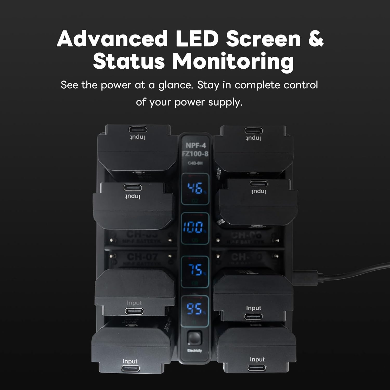 8-Slot NP-FZ100 Battery Charger with LED Display,4-Slot NP-F970 Camera Battery PD Fast Charger,Compatible with Sony A7R5/A7S3/A7M4/A7C2/A7C/A7R4/FX30 Battery image number 5