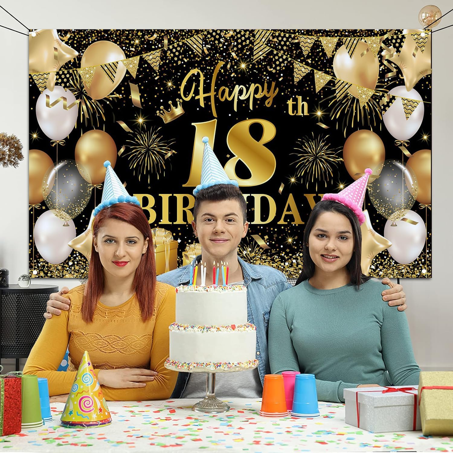 Happy 18Th Birthday Decoration Backdrop Banner Black Gold Birthday Decorations Party Supplies 18Th Party Banner (18Th) image number 5