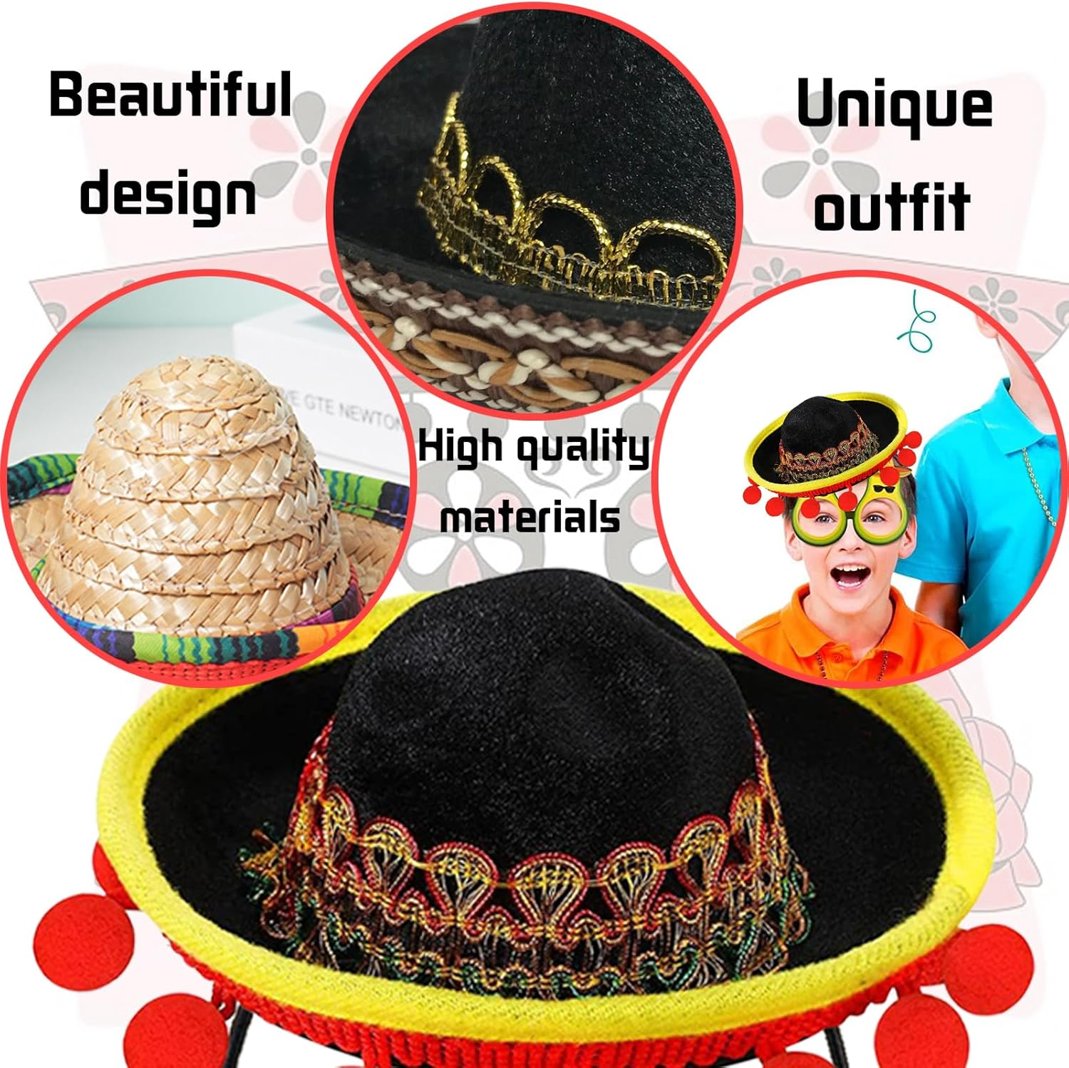 CWENDANER Set of 6 Sombrero Straw with Ball Fringes for Decoration, Sombrero Dog Hat, Mexican Party Costume Decoration Clothes for Pet Dogs, Birthday image number 1