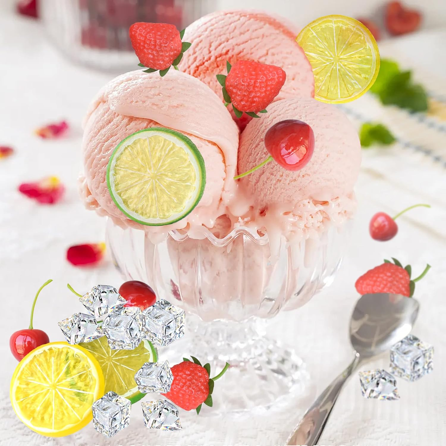 Chewarelly 70 Pcs Fake Fruits Ice Cube Set, Include 10 Artificial Lemon Slice 10 Simulation Cherries 5 Fake Strawberry 45 Fake Crushed Ice and Ice Cubes for Home Kitchen Decoration - Color Ice With Lemon Strawberry Cherry image number 6