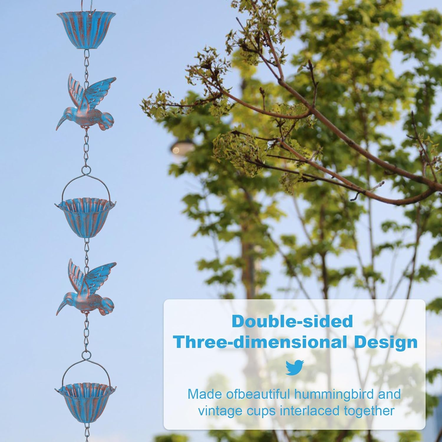 Ruaizel 7.8FT Rain Chains for Gutters, Hummingbird Rain Catcher, Outdoor Rain Chain,Metal Catcher Chain for Outside, Hanging Decorations for Patios (Blue) image number 3