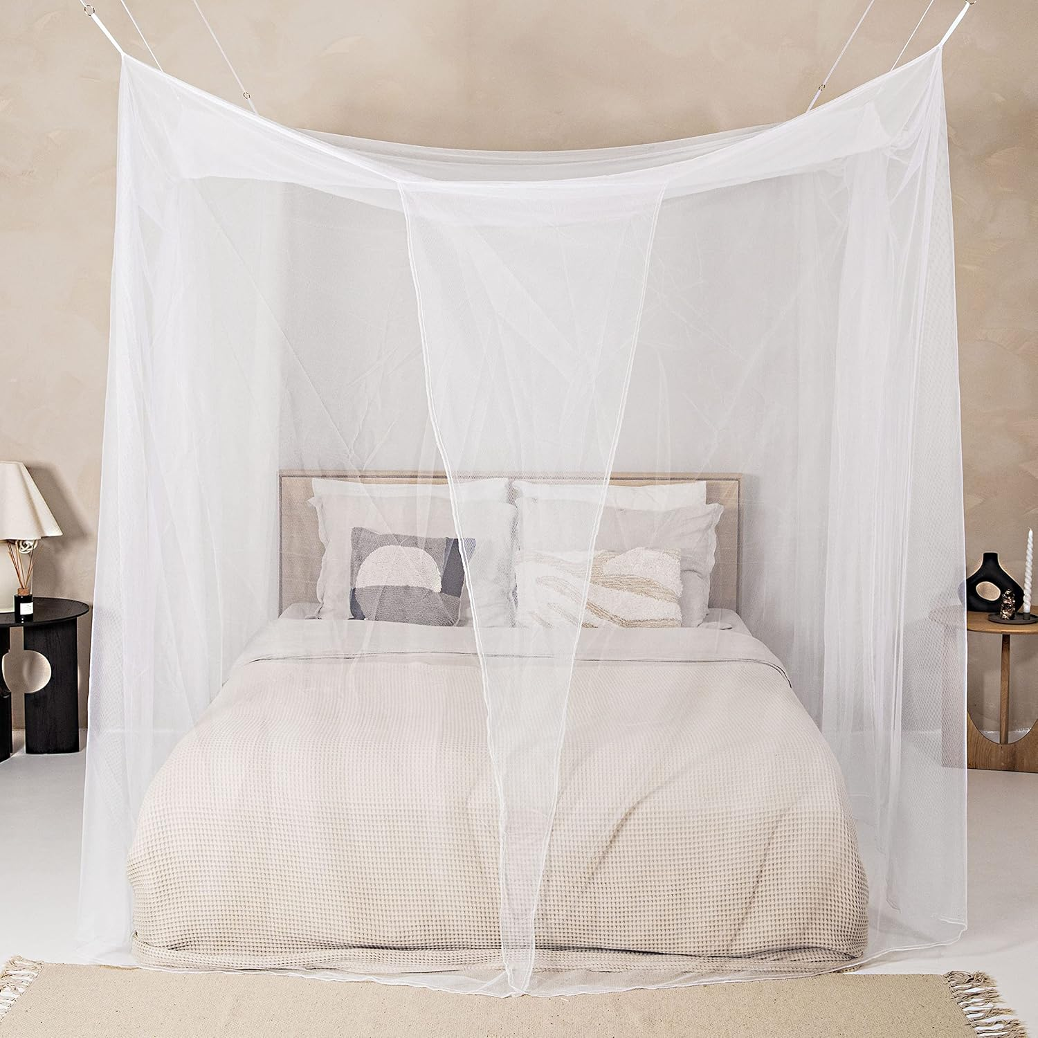 Mosquito Net for Double Bed, White, 6 Hanging Loops and 4 Side Openings, Decorative Rectangular Shape for Home & Travel, Canopy Hanging Set and Carry Bag Included, 210 X 200 X 200 Cm image number 4
