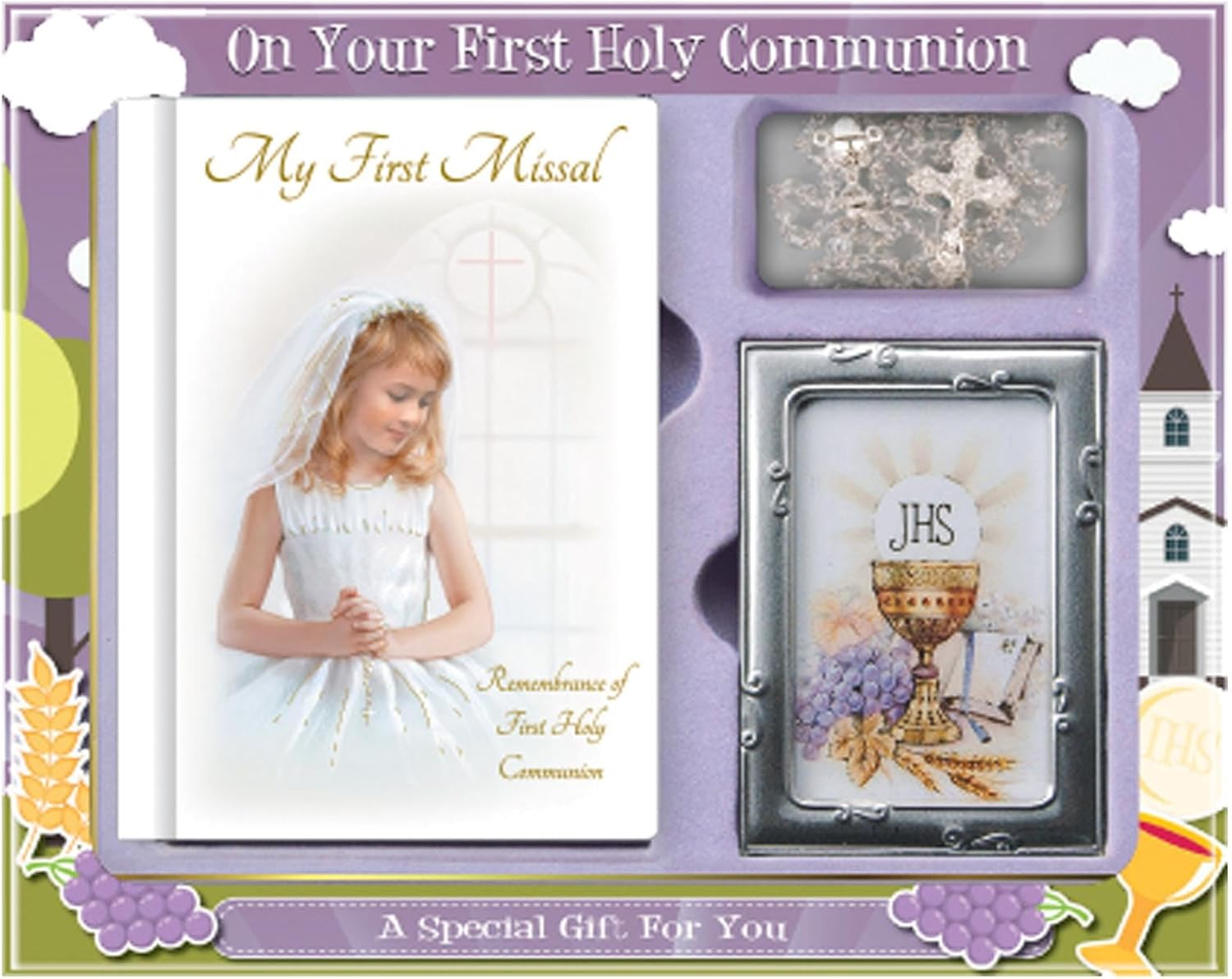 First Holy Communion 3 Piece Gift Set (Girl Missal Book, Rosary Beads and Photo Frame 8419)