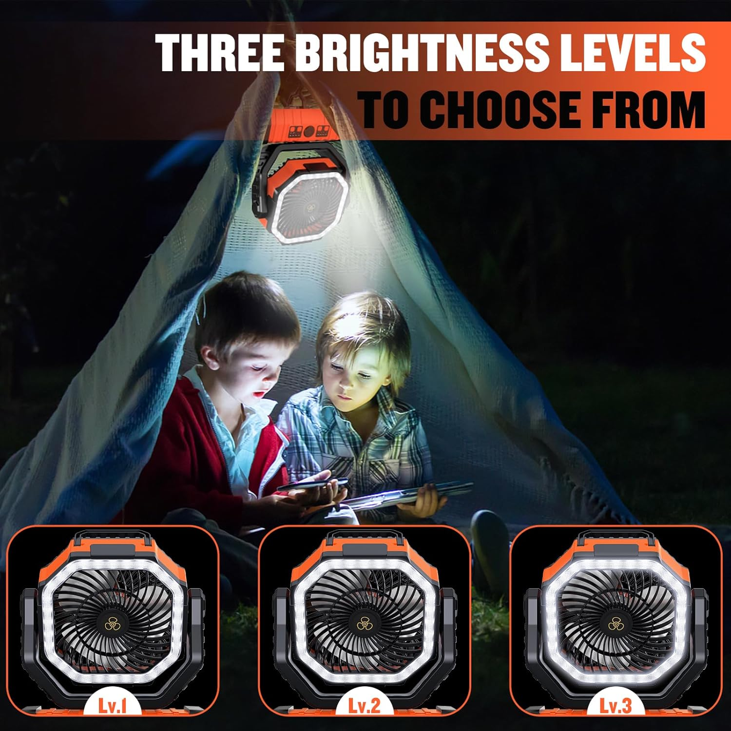 Portable Camping Fan, Spopal 20000Mah Rechargeable Tent Fan with LED Lantern, 4 Speeds and 360&deg; Hook, Remote, Timer, 145H Runtime, Power Bank Function, for Camping, Fishing, Indoor Use-Orange image number 5