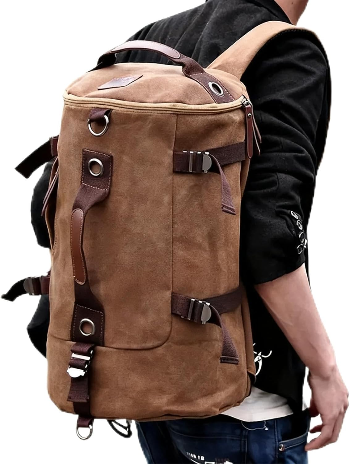 Betterlinewj Retro Canvas Backpack, Outdoor Sports Shoulder Bag, Leisure Travel round Bucket Luggage Bag, Convertible Travel Luggage Bag image number 5