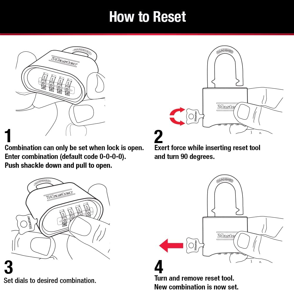 Master Lock Black Combination Lock, Customizable Combo Padlock, Indoor and Outdoor Weather Resistant Lock with Resettable Code for Gates, Lockers, 4 Pack, 178EC4 image number 4