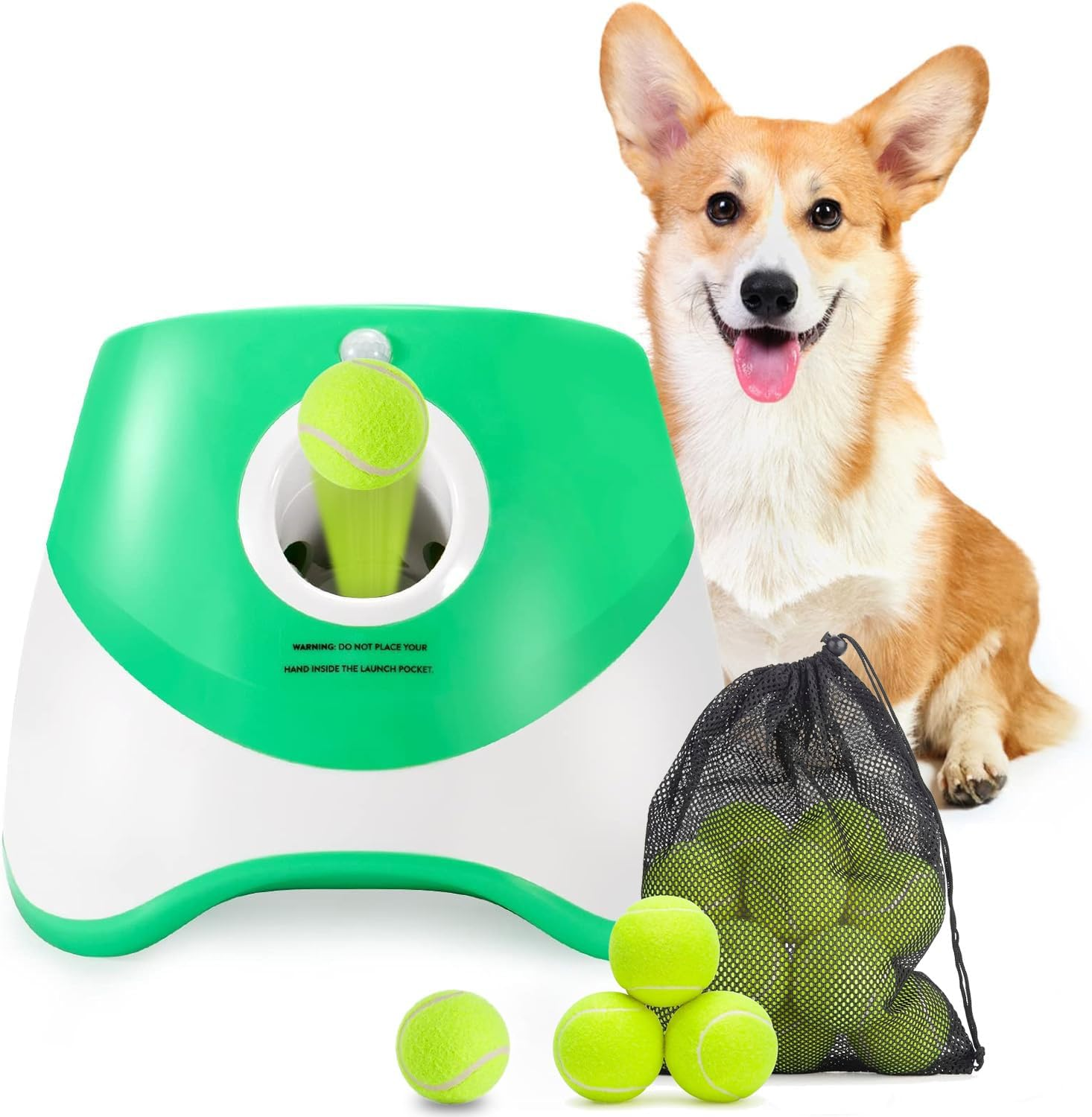 MEKAPLE Automatic Dog Ball Launcher, Dog Ball Thrower Machine with 10-30Ft 3 Launching Distance, Interactive Toys for Small Dogs Indoor & Outdoor, 15 Mini Tennis Balls Green Color
