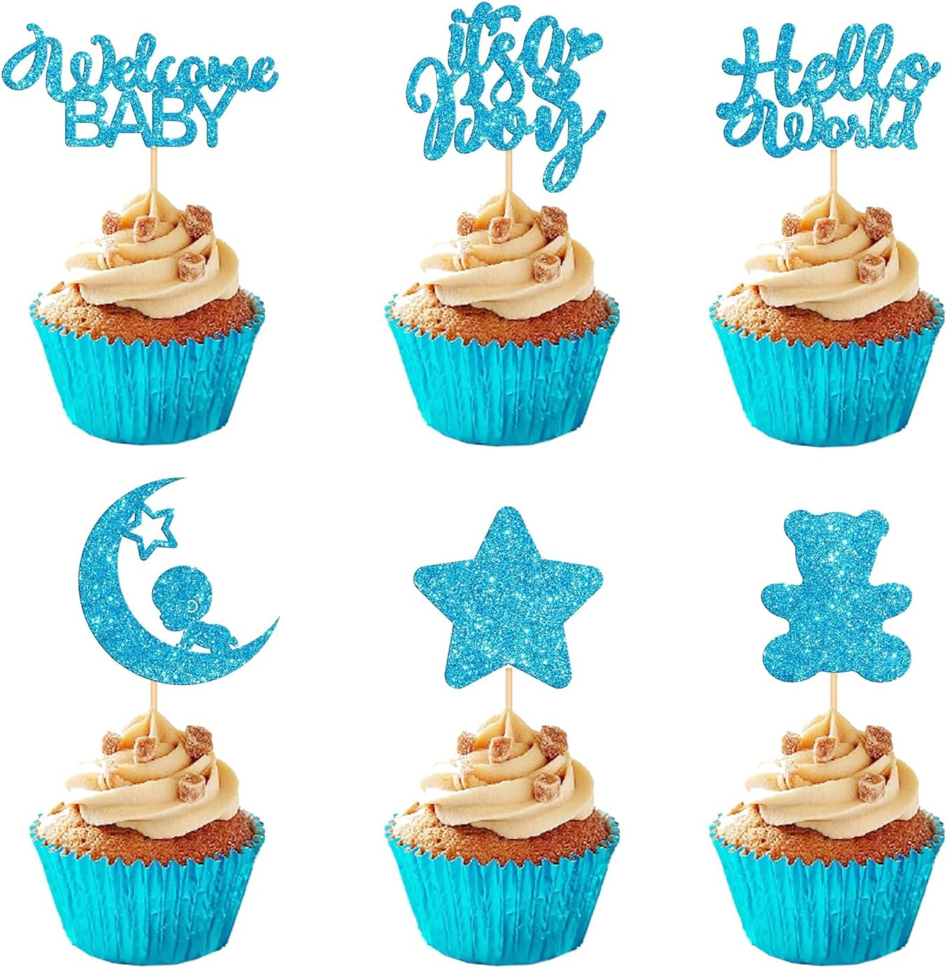24 Pack Cupcake Toppers, Glitter Baby Bottle Small Footprints Cupcake Toppers for Boys Birthday Theme Party Cake Decorations Supplies.