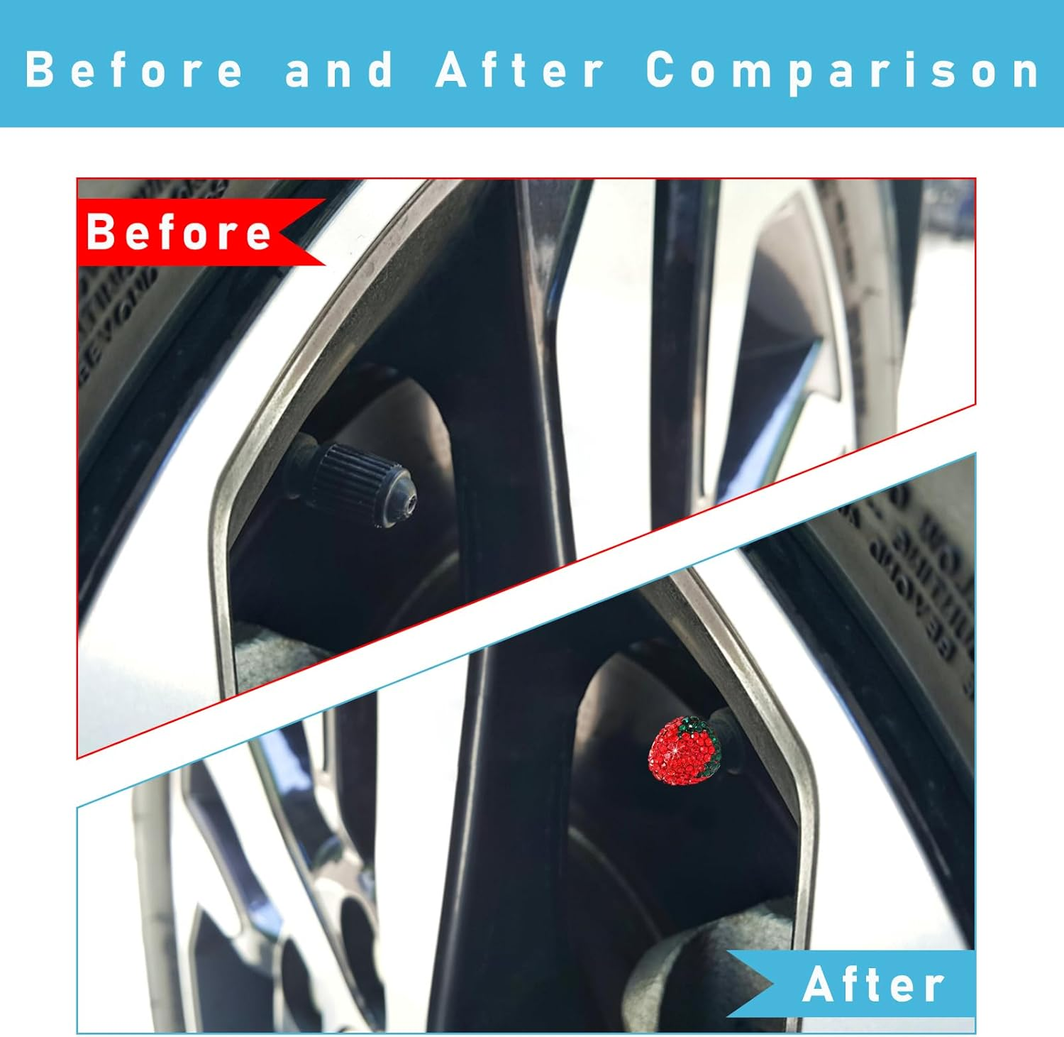 Ziciner 4PCS Strawberry Car Tire Valve Stem Caps, Bling Crystal Rhinestone Tire Valve Stem Covers, Dustproof Wheel Valve Covers for Women, Universal Car Accessories for Most Vehicles (Red) - Red image number 3