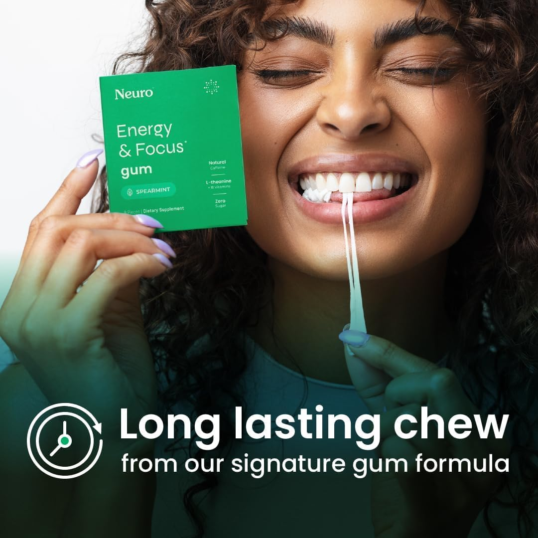 Neuro Energy Caffeine Gum (54 Pieces) - Sugar Free with L-Theanine + Natural Caffeine + Vitamin B12 & B6 - Nootropic Energy & Focus Supplement for Women & Men - Keto & Vegan, Spearmint Flavor image number 1