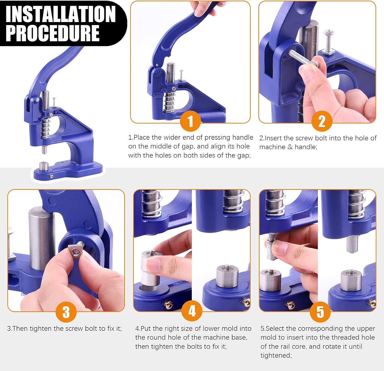 Rustark 3007Pcs Hand Press Grommet Machine 3 Dies Heavy Duty Eyelet Hole Punch Tool Kit W 3000Pcs Grommets Eyelets, 3Pcs Installing Tools Rivet Press Setter for Curtains Bag Belt Jeans Shoes, 0#2#4 image number 5