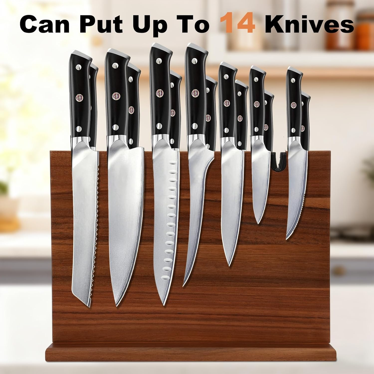 Magnetic Knife Block with Knife Sharpener, Double Sided Magnetic Knife Holder Kitchen Counter, Acacia Wood Magnetic Knife Storage Stand, Universal Knife Display Rack Multifunctional Storage image number 1
