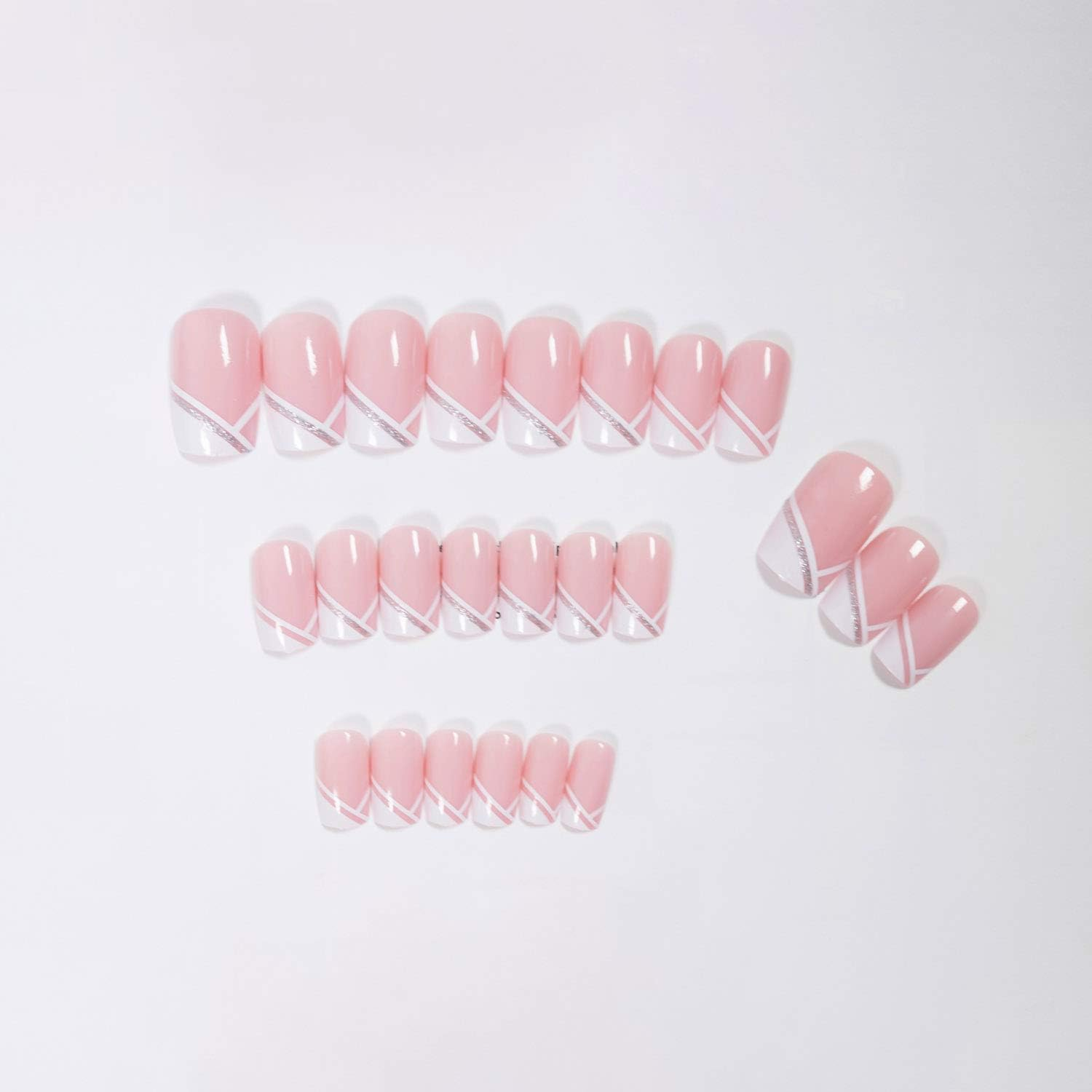 French Short Press on Nails,Pink Hypotenuse Full Cover Artificial Square False Nails for Women Girls Gift on Party(24Pcs) image number 6