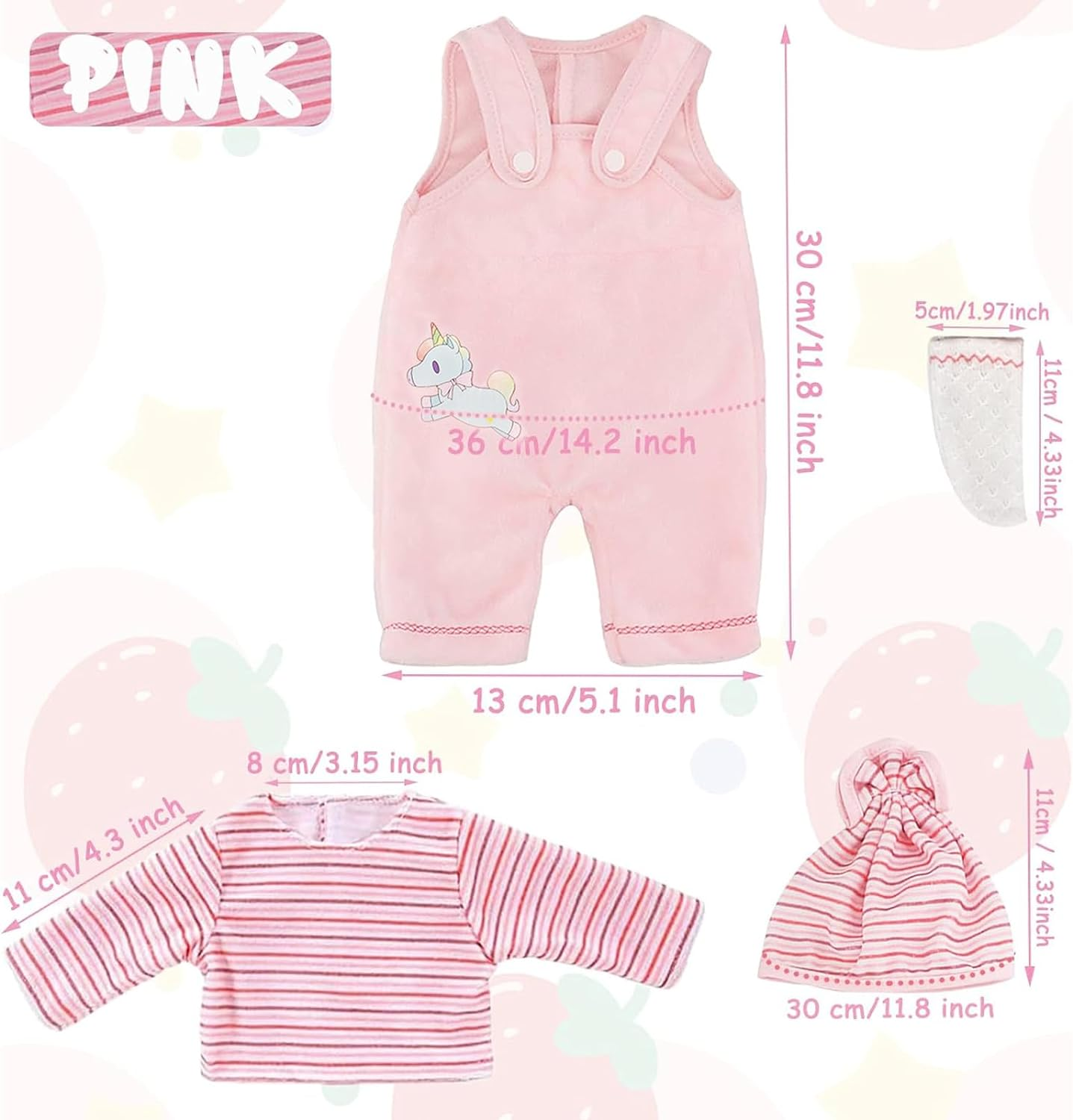 Doll Clothes for 18 Inch Baby Dolls, Sweet Outfits Jumpsuit Top Hat and Socks for 35-45 Cm New Born Baby Dolls Girls Birthday (Pink)(No Doll) image number 4