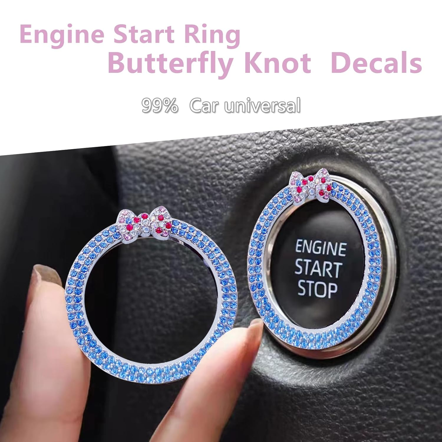 Car Bling Ring Emblem Car Accessories for Buttons & Knobs, Push Start Button Cover/Sticker, Key Ignition & Knob Ring Decoration, Bling Car Interior Accessories - Blue - Champagne image number 3