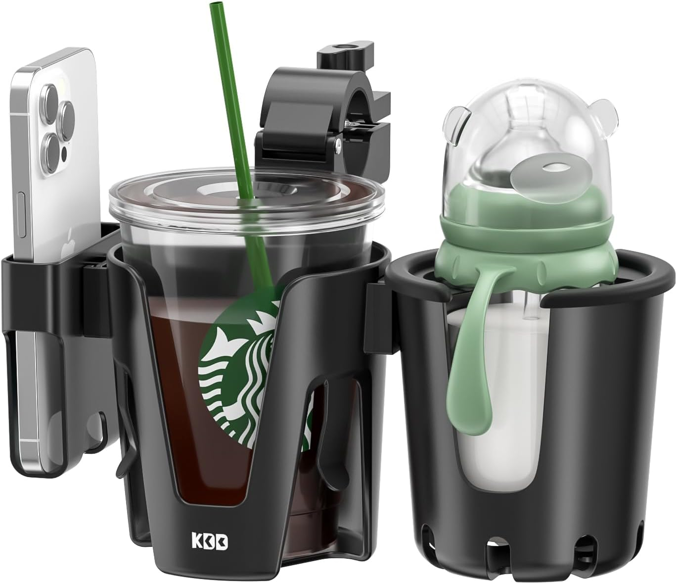 KDD Stroller Cup Holder with Phone Holder, 3-In-1 Removable Bottle Holder, 360 Degrees Rotation Drink Holder for Wheelchair, Stroller, Bike, Walker, Scooter, Bicycle, Uppababy, Nuna, Bugaboo, Doona image number 1