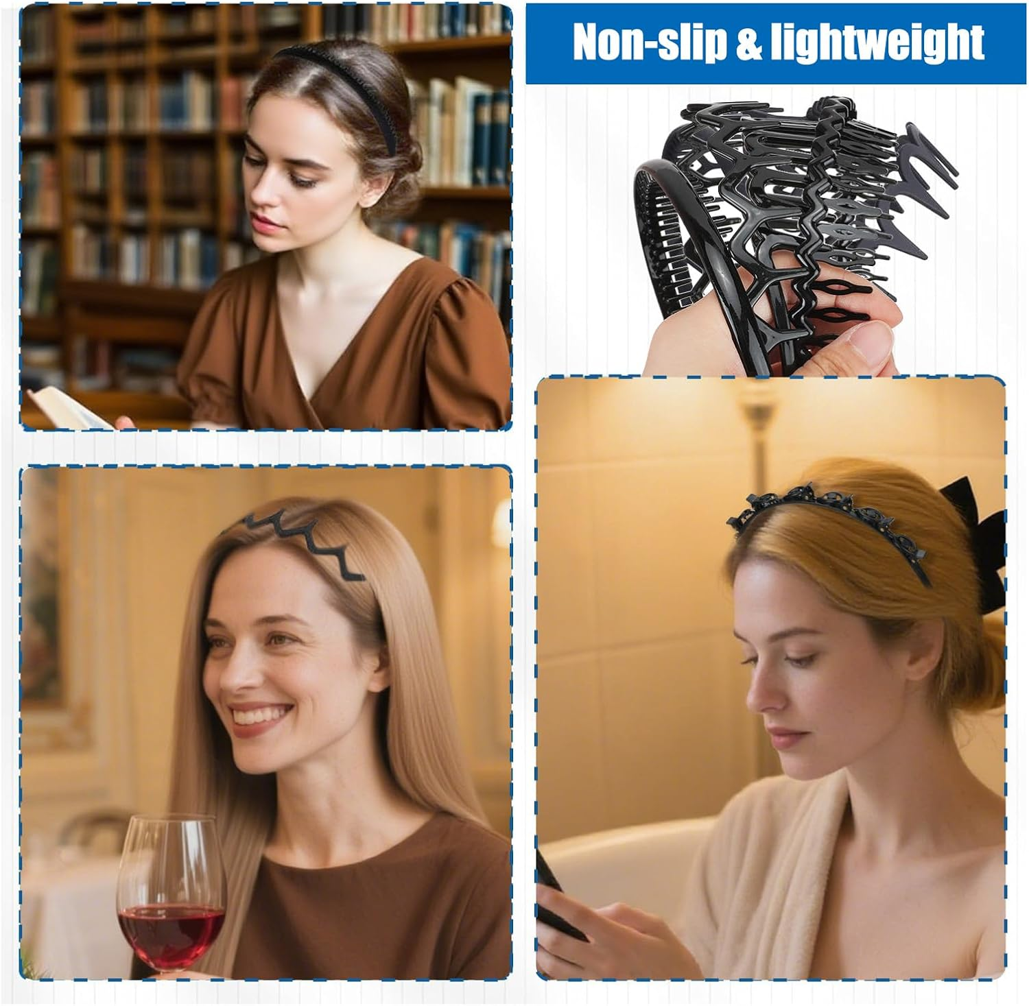 Pack of 10 Elastic Tooth Headband with 4 Clips, Zigzag Headbands, Non-Slip Hair Bands for Women Girls, Wavy Shark Tooth Hair Comb for Men, Women (Black, Brown) image number 2