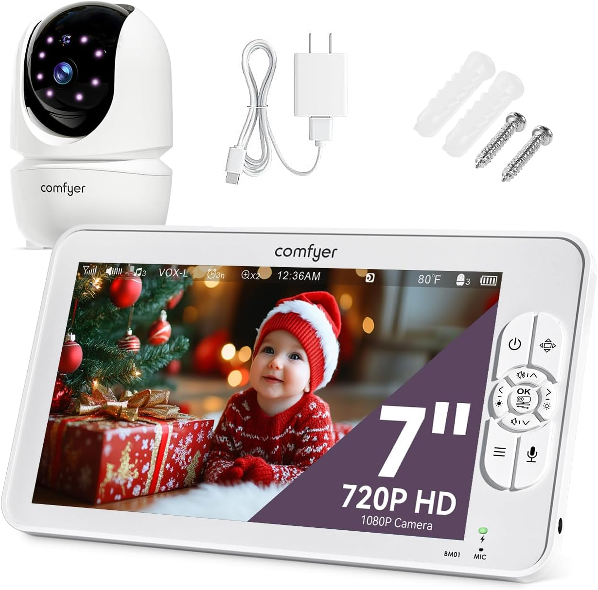 Baby Monitor with 1080P Camera and Audio, 7" 720P HD Video Baby Monitor No Wifi, 4000Mah Battery, VOX Mode, Auto Night Vision, Hack Proof, Remote PTZ, 7 Lullabies & White Noise image number 4