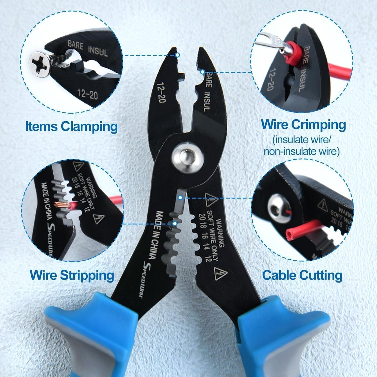 SPEEDWOX 4-In-1 Multi Purpose Electricians Pliers Wire Stripper, Wire Cutter, Wire Crimping Tool 7" Compact Wire Stripper for 10-20 AWG Insulated & Non-Insulated Clamping, Stripping, Cutting, Crimping image number 5