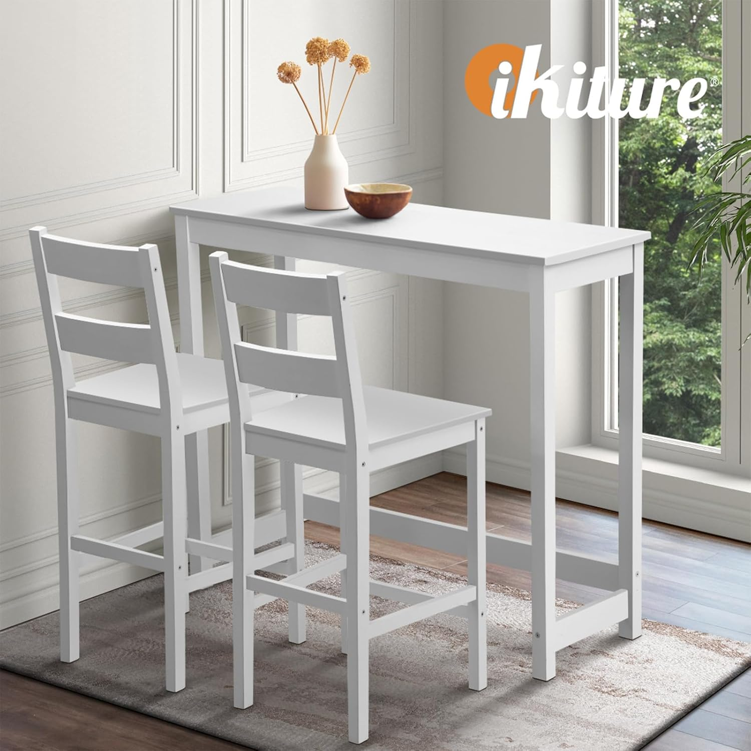 Oikiture 3PCS Bar Stools and Bar Table Set Kitchen Dining Table and Chairs White image number 6