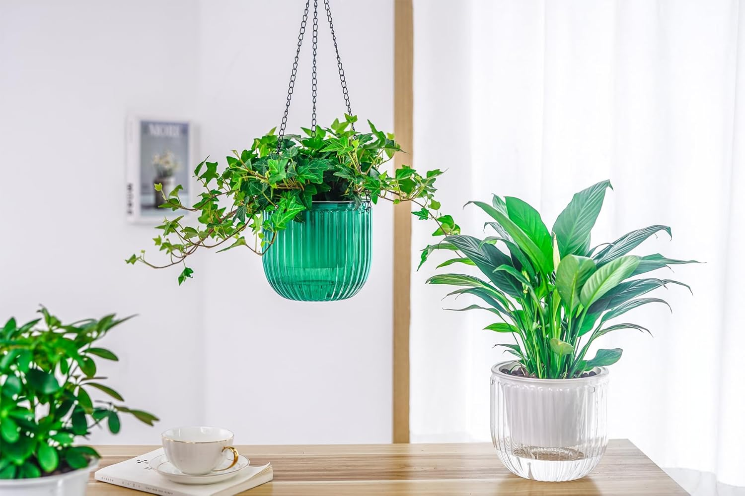 Melphoe 2 Pack Self Watering Hanging Planters Indoor Hanging Flower Pots, 6.5 Inch Outdoor Hanging Plant Pot Basket, Plant Hanger with 3Hooks Drainage Holes for Garden Home Emerald+White - Emerald+White image number 3