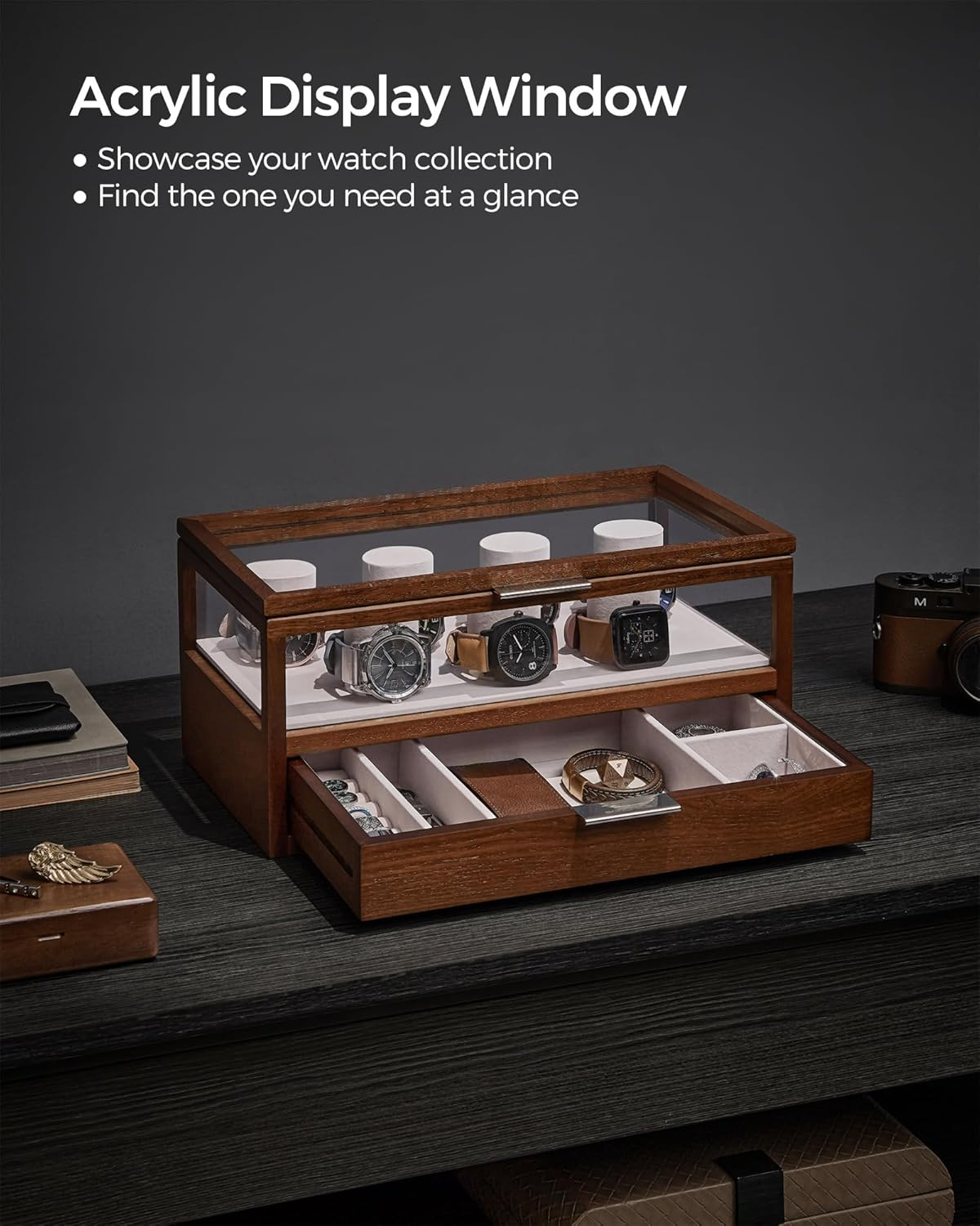 SONGMICS 2-Tier Watch Case, Watch Display Box, Watch Holder with 7 Pillars, Drawer, Acrylic and Solid Wood Top, Velvet Lining, Coffee Brown UJOW007K01 image number 2