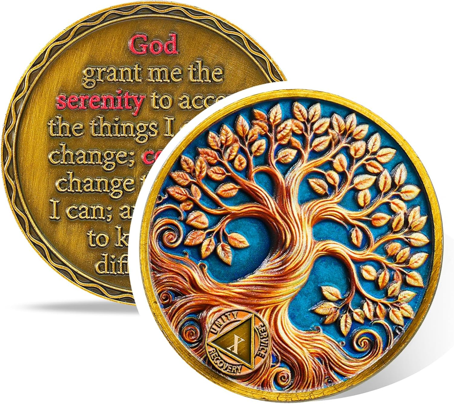 Tree of Life 10 Year Sobriety Coin, Recovery & Growth AA Medallion, One Year Golden Sober Coin for Addiction Recovery, Alcoholics Anonymous Sober Gifts for Women Men Sponsor