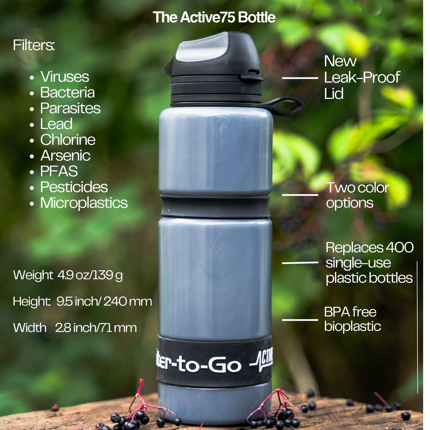 Water to Go Water Purifier Filter Bottle (ACTIVE 26Oz/75Cl) - Perfect for Hiking Camping Travel and Survival image number 3