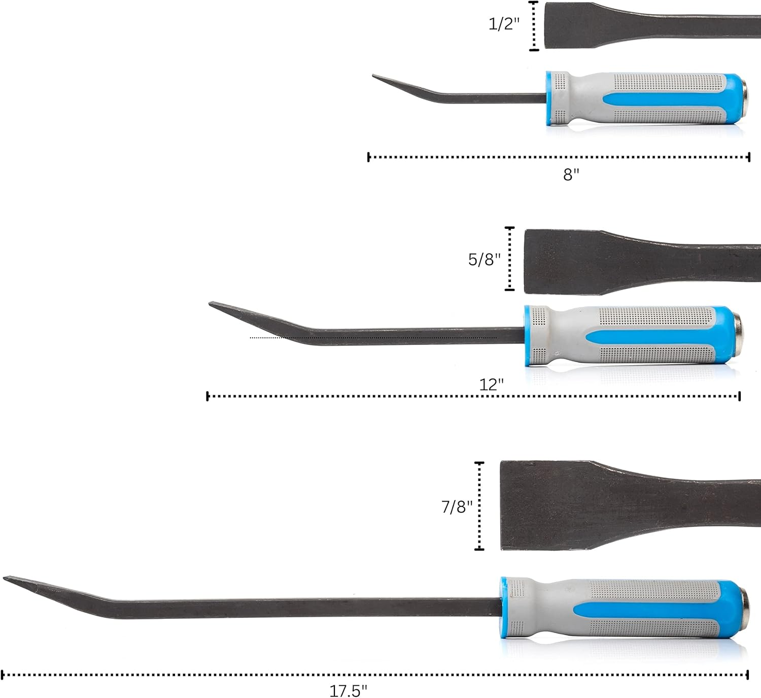 NEIKO 00251A Pry Bar, 3 Piece Angled Tip Pry Bar Set, 8", 12" & 17.5" Crow Bar with Go through Striking Cap, Textured TPR Breaker Bar Handles, Heavy Duty Black Oxide Coated Chromium Steel Small Prybar image number 3