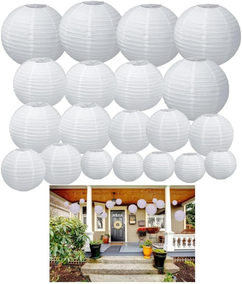 20Pcs White Paper Lanterns, 6" 8" 10" 12" round White Paper Lantern Decorations with Hanging Line for Weddings Decoration, Indoor and Garden Party Decoration image number 1