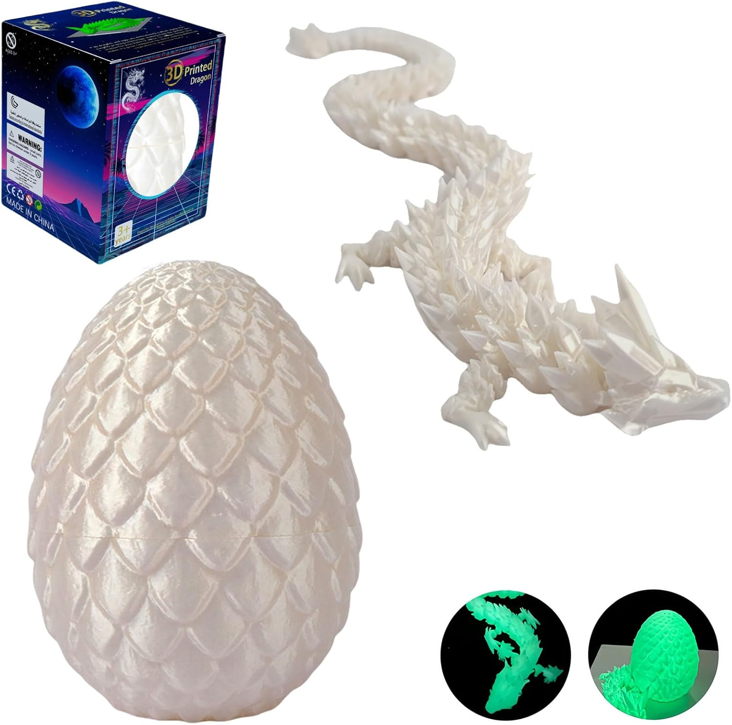 Glow in the Dark 3D Printed Dragon Egg with 12 Inch, Articulated Dragon Toys for Kids Dino Party Favors,Dragon Birthday Decorations for Kids (Luminous) image number 2