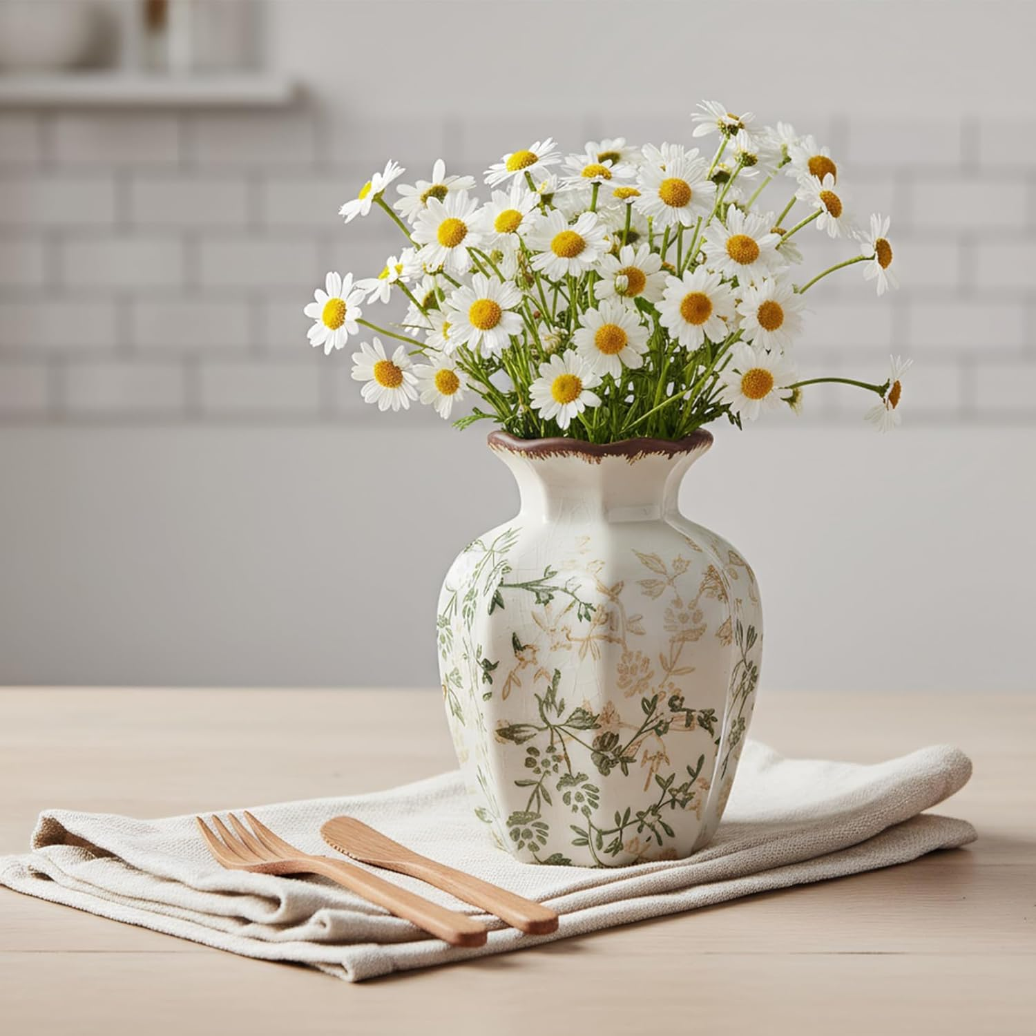 Vintage Ceramic Vase, Small Green and Beige Retro Ceramic Flower Vases, Chinoiserie Vase for Home Decor, Kitchen, Living Room, Bedroom and Shelf image number 6