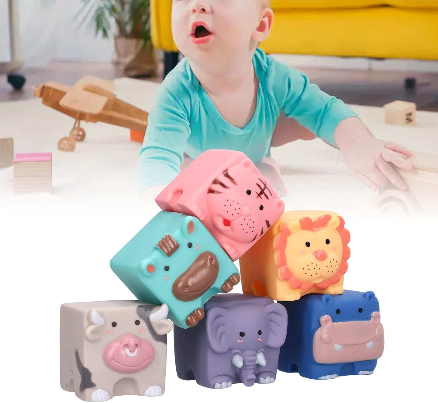RIZGHWOY Soft Stackable Building Blocks, Cute Cartoon Patterns, Soft Building Blocks for Toddlers and Babies, 6 Pack for Babies, Sensory Toys to Improve Sensory Awareness, Durable Silicone Material image number 6