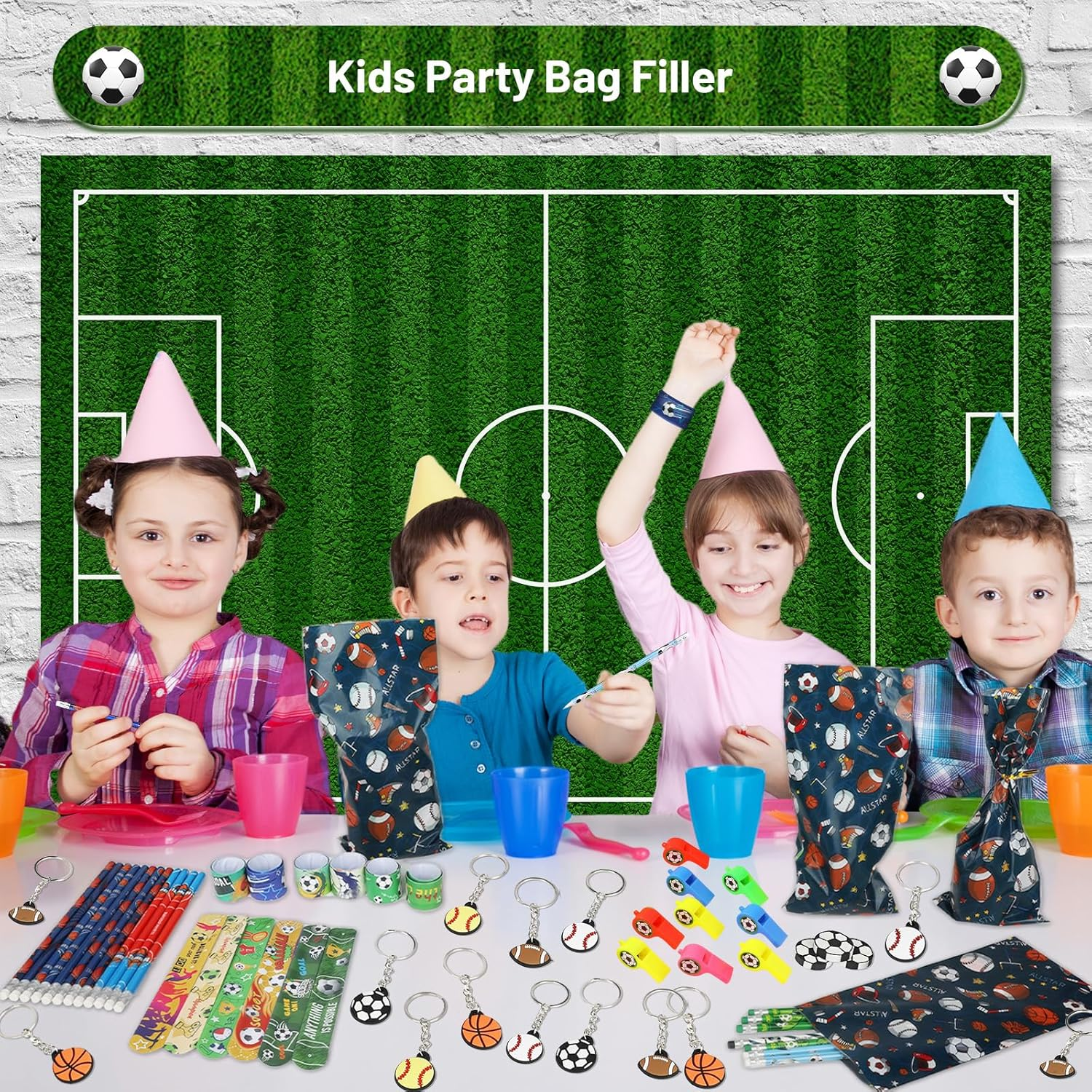 Oundarm 194Pcs Sports Ball Stationery Party Favors Set Soccer Basketball Baseball Football Pencil Eraser Keychain Slap Bracelet Whistle Sticker Goodie Bag Bulk Kids Gift Classroom Rewards Supplies image number 2
