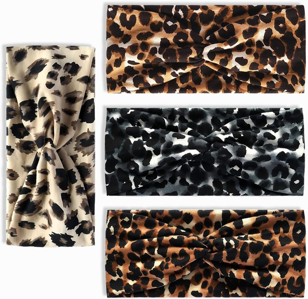 GGUFAY Pack of 4 Summer Elastic Headbands, Women'S Headband, Elastic Wide Headband, Cotton Cross Headband, Non-Slip, for Short Hair, Yoga, Workout, Running, Sports (Leopard) image number 1