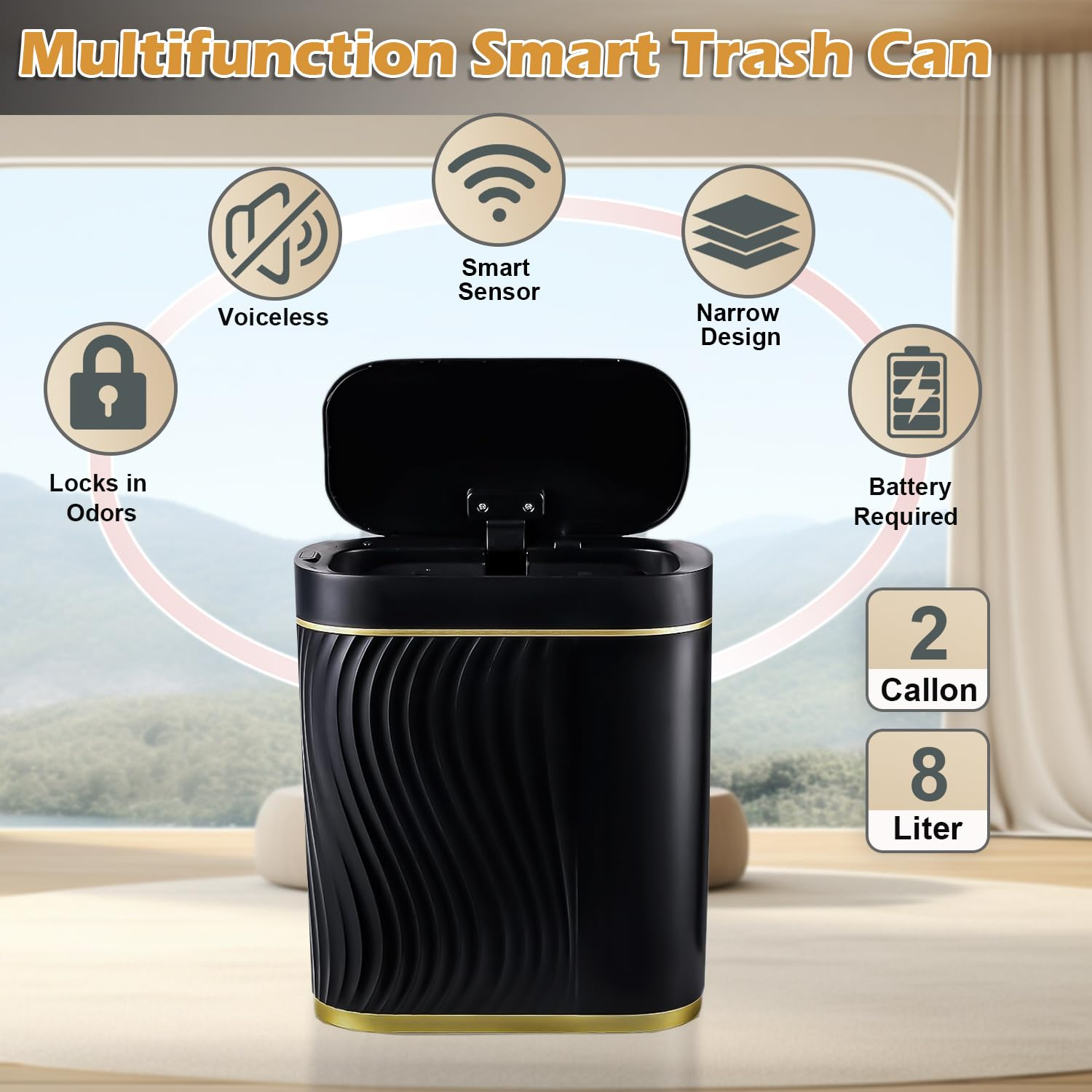 Caunedy Bathroom Smart Trash Can with Lid Automatic Touchless Lid, 8L Slimline Sensor Trash Bin for Bedroom, Living Room, Office（Black with Gold Trim） image number 6