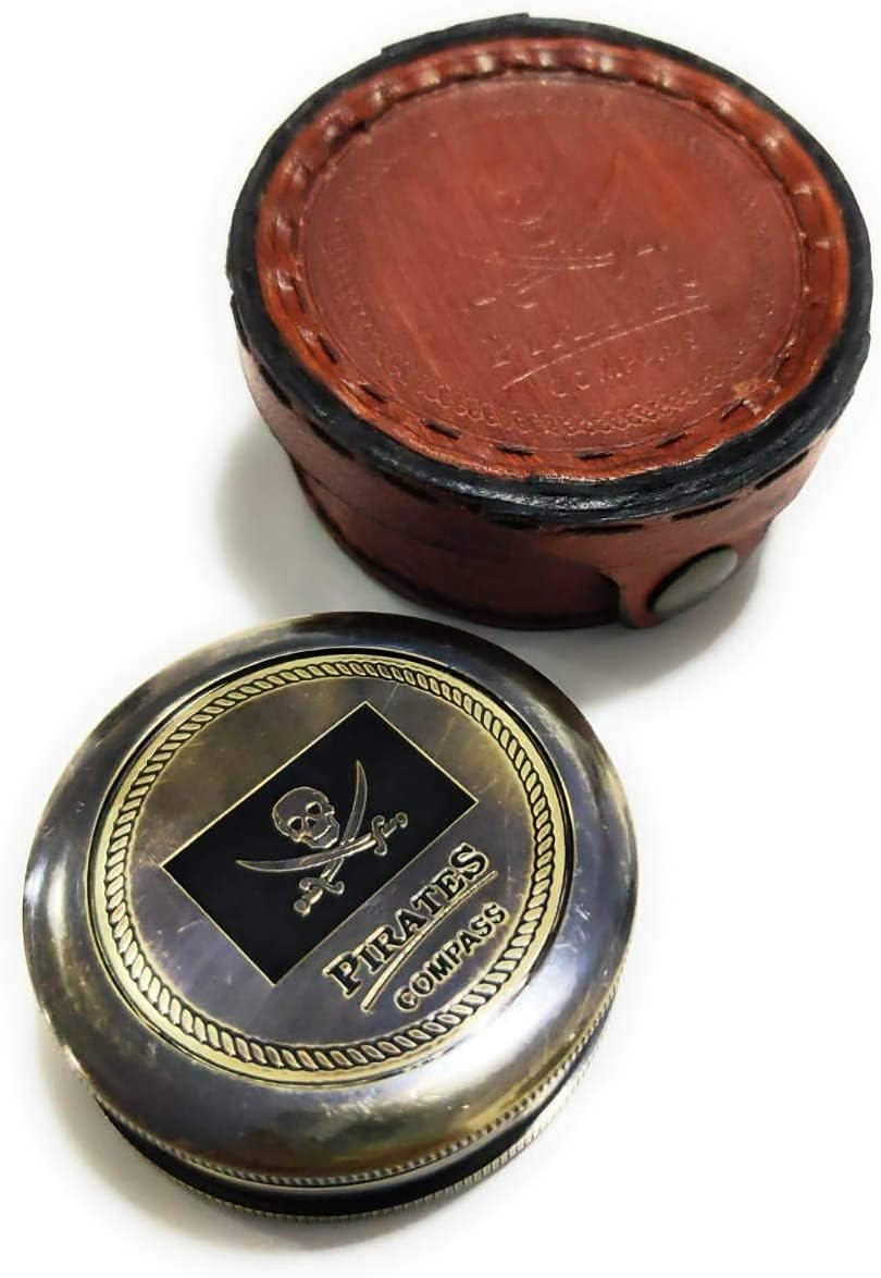 NAUTICALMART Pirates of Caribbean Jack Sparrow 2" Pocket Antique Brass Compass W/Beautiful Leather Case Engraved Gifts Directional Pirate Hiking Travel Camping Compass image number 4