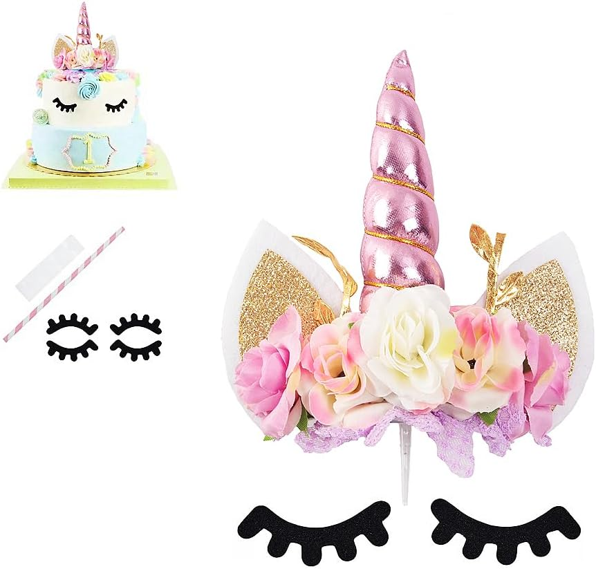 Nishine Rose Floral Unicorn Cake Topper Birthday Party Cake Decoration (Pink&Ivory) image number 6