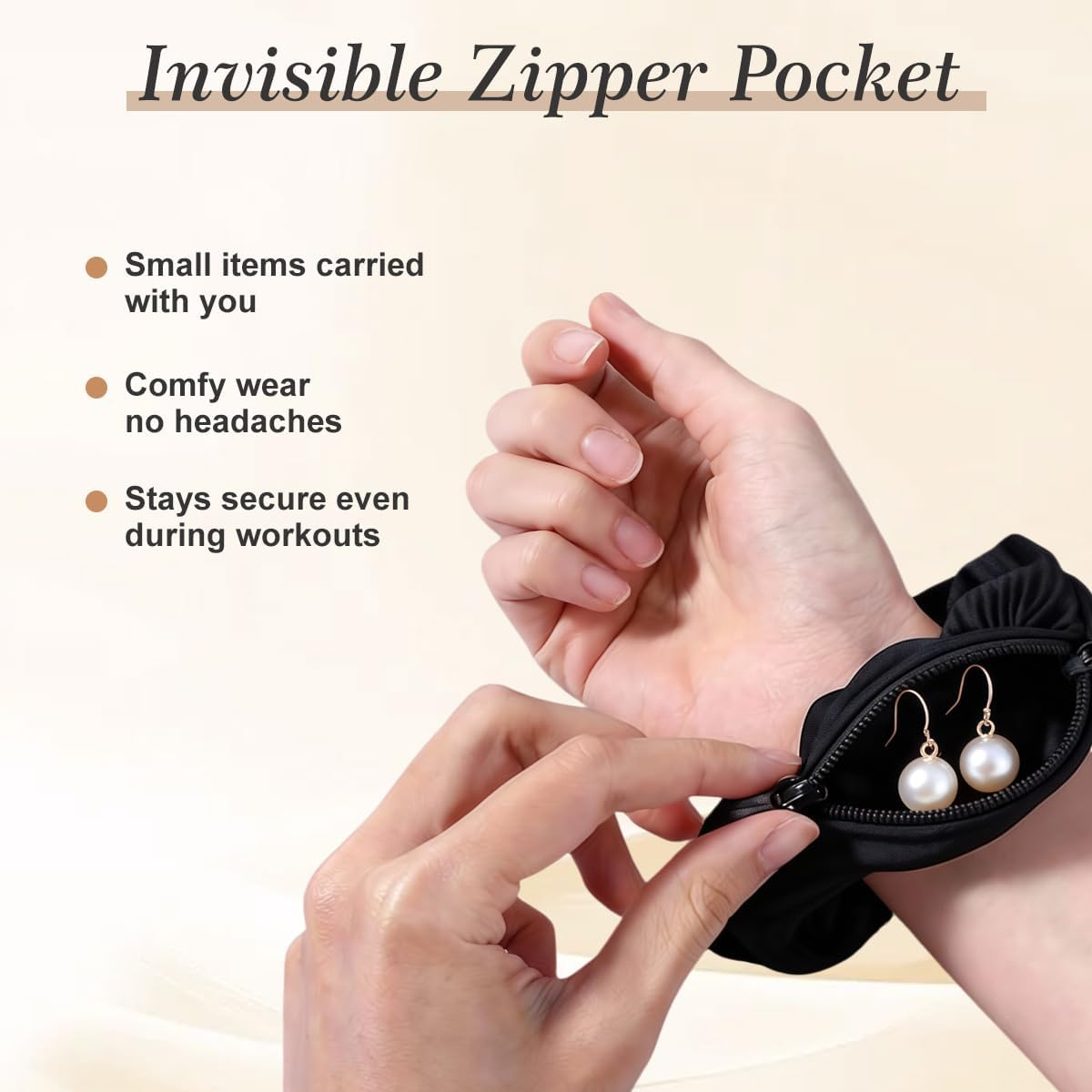 4Pcs Pocket Scrunchies Hidden Zipper Hair Ties Key Storage Bag Stash Ponytail Holder with Secret Compartment for Women Thin Fine Curly Hairs (Mixed Colors) image number 1