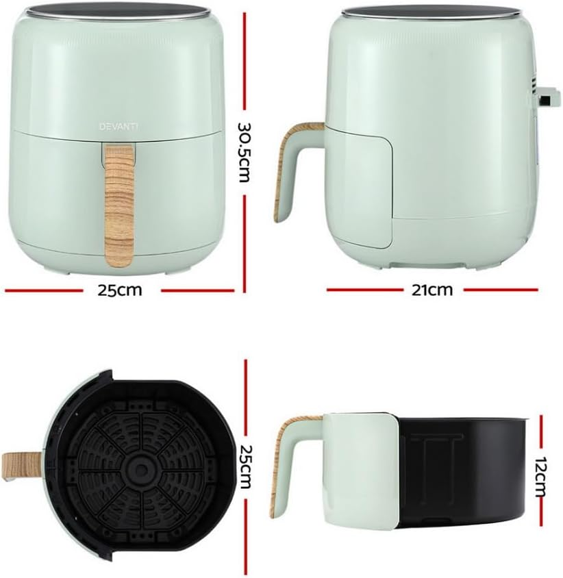 Devanti Air Fryer, 5L Pan 1500W Stainless Steel Airfryer Electric Cooker Airfryers Deep Fryers Rack Silicone Baking Basket Kitchen Oven Household Small Kitchens Appliances, LCD Touch Control Panel image number 6