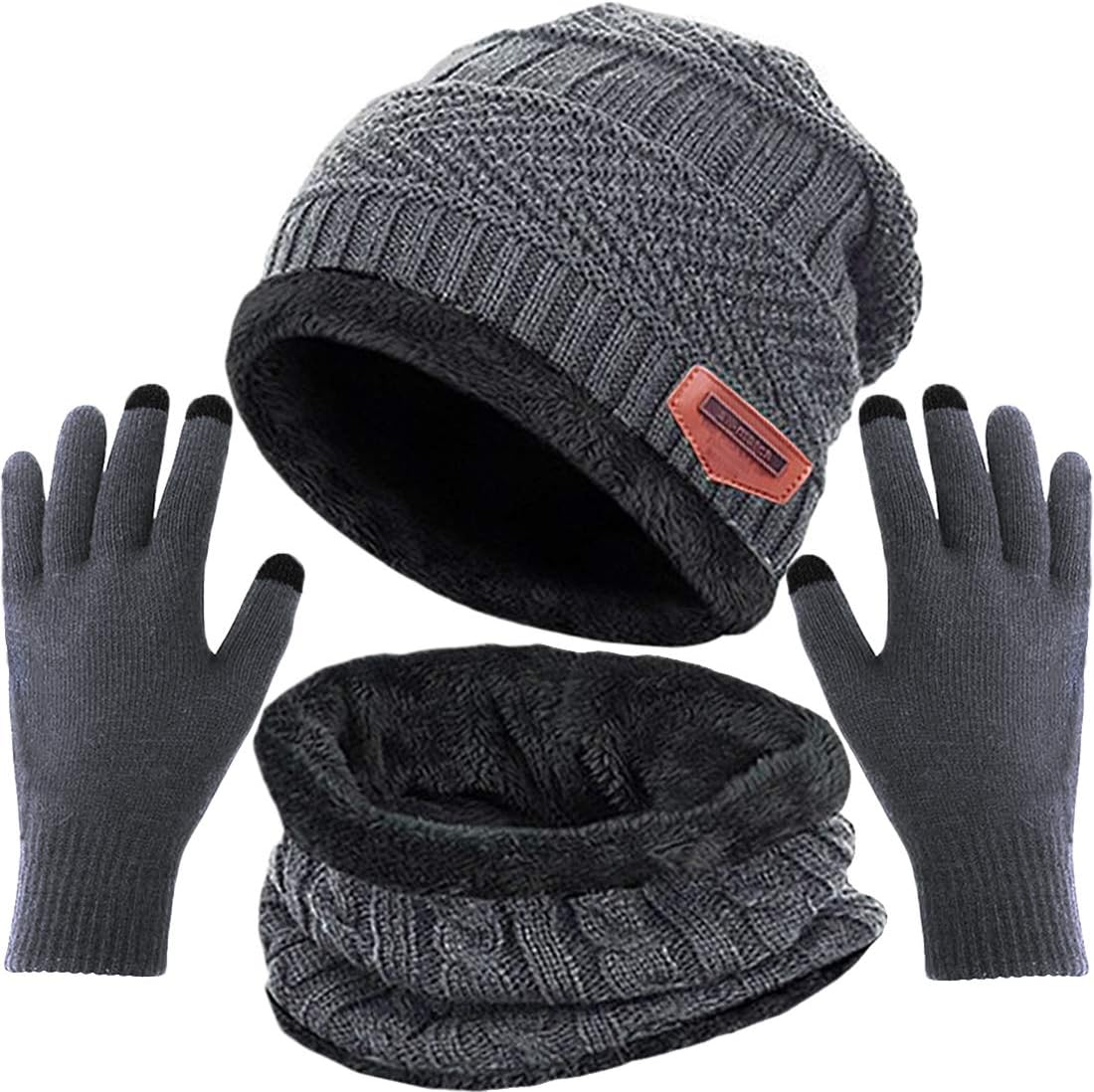 T WILKER Beanie Hat Scarf and Touchscreen Gloves Set for Men & Women Stretch Warm Fleece Lining Cap(2Pcs / 3Pcs)