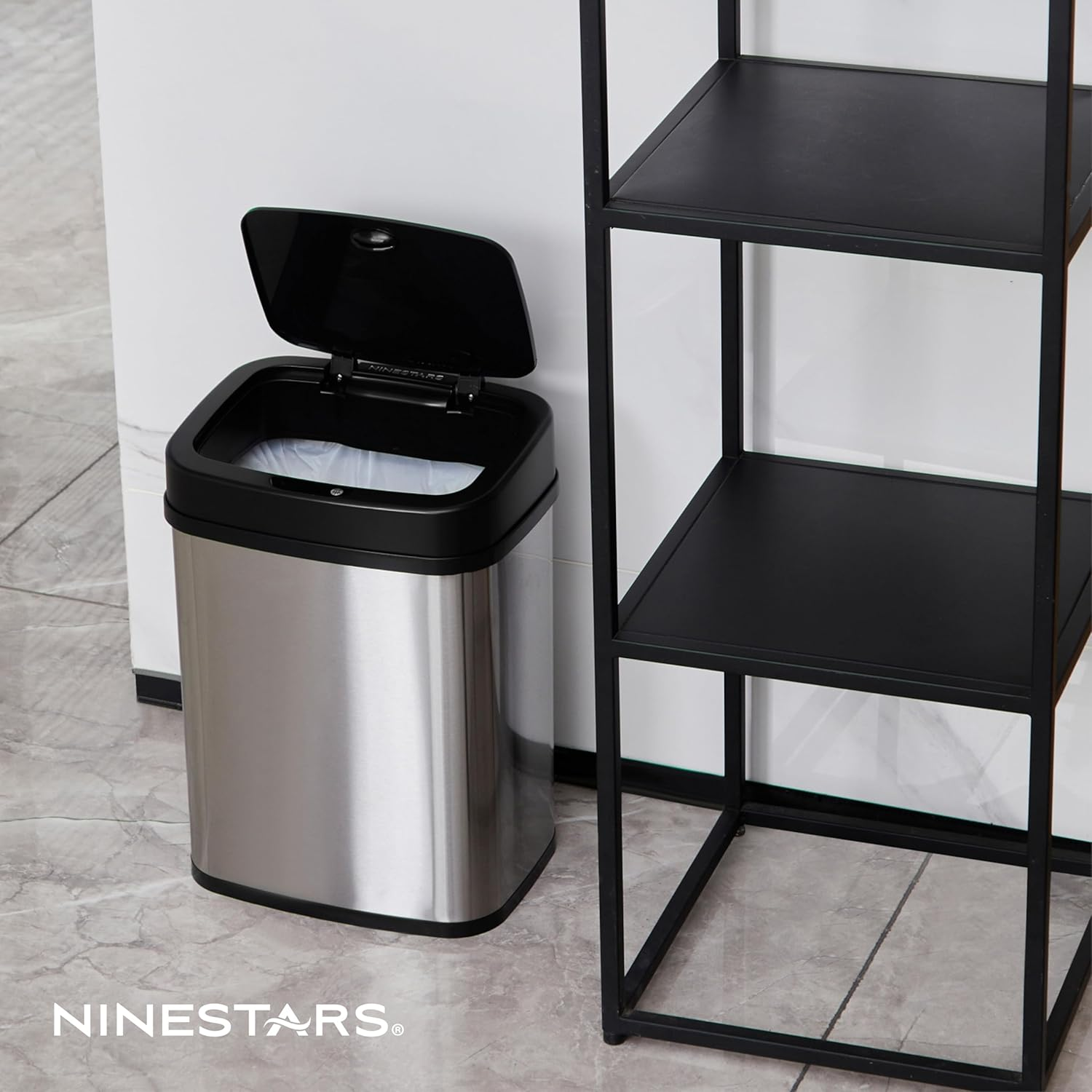 Ninestars DZT-12-5 Bedroom or Bathroom Automatic Touchless Infrared Motion Sensor Trash Can, 3 Gal 12L, Stainless Steel Base (Rectangular, Black Lid) image number 4