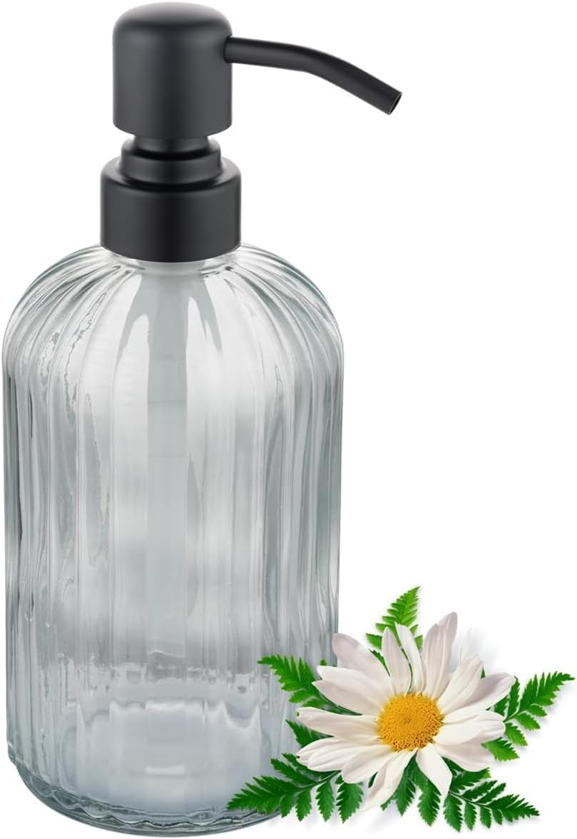 GULICA Glass Soap Dispensers Brushed Gold, for Kitchen and Bathroom, Heavey Glass Bottle 15Oz, Stainless Steel Head